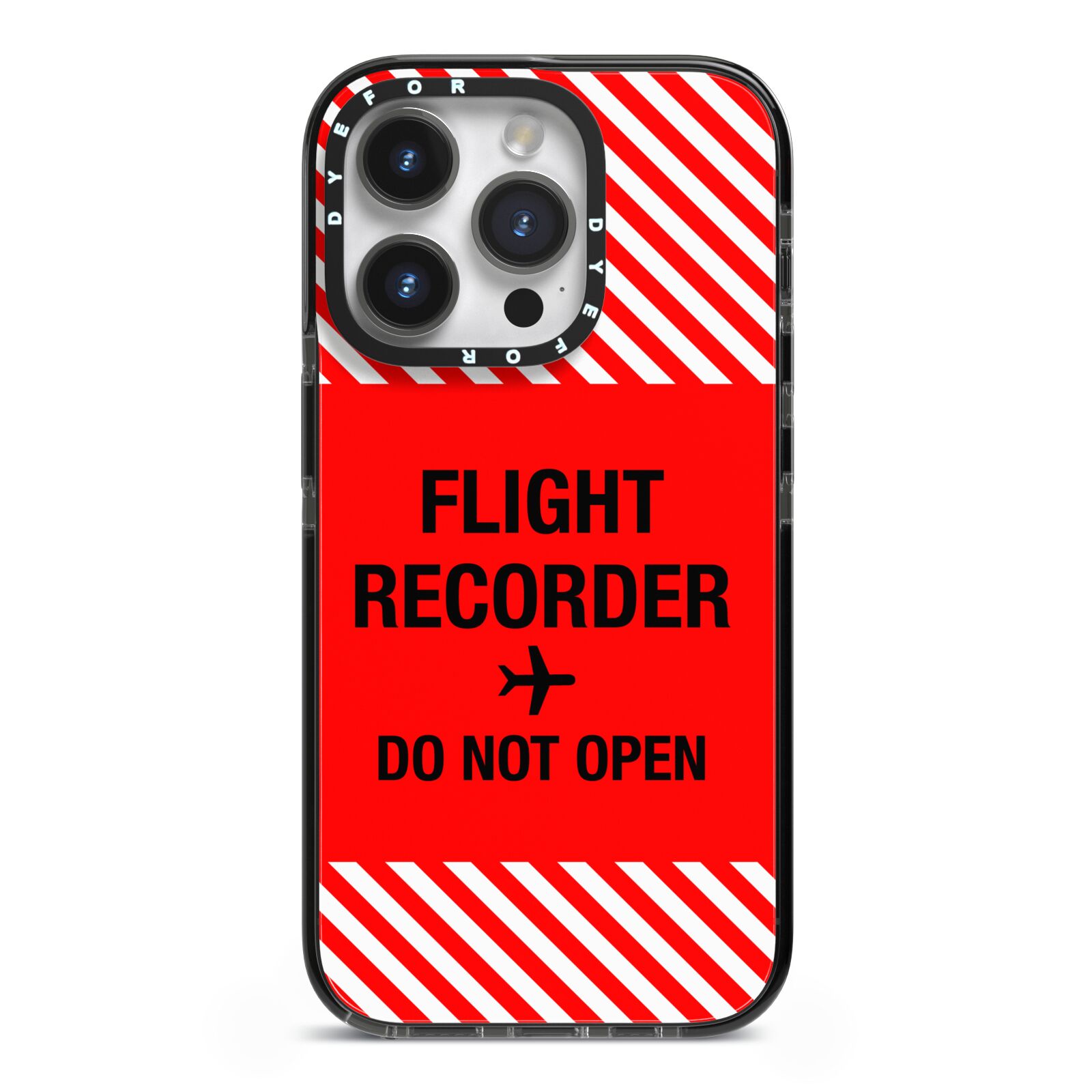 Flight Recorder iPhone 14 Pro Black Impact Case on Silver phone