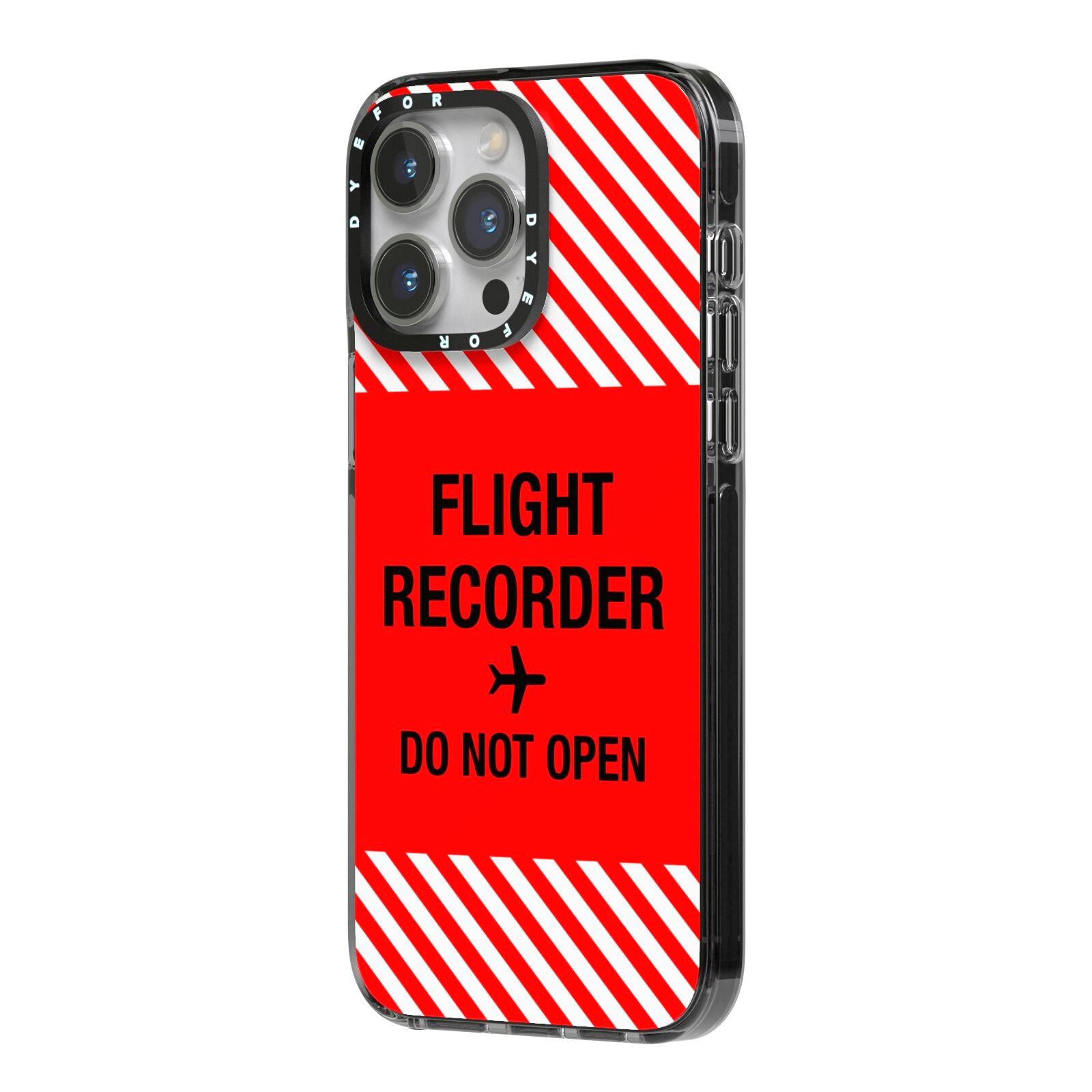 Flight Recorder iPhone 14 Pro Max Black Impact Case Side Angle on Silver phone