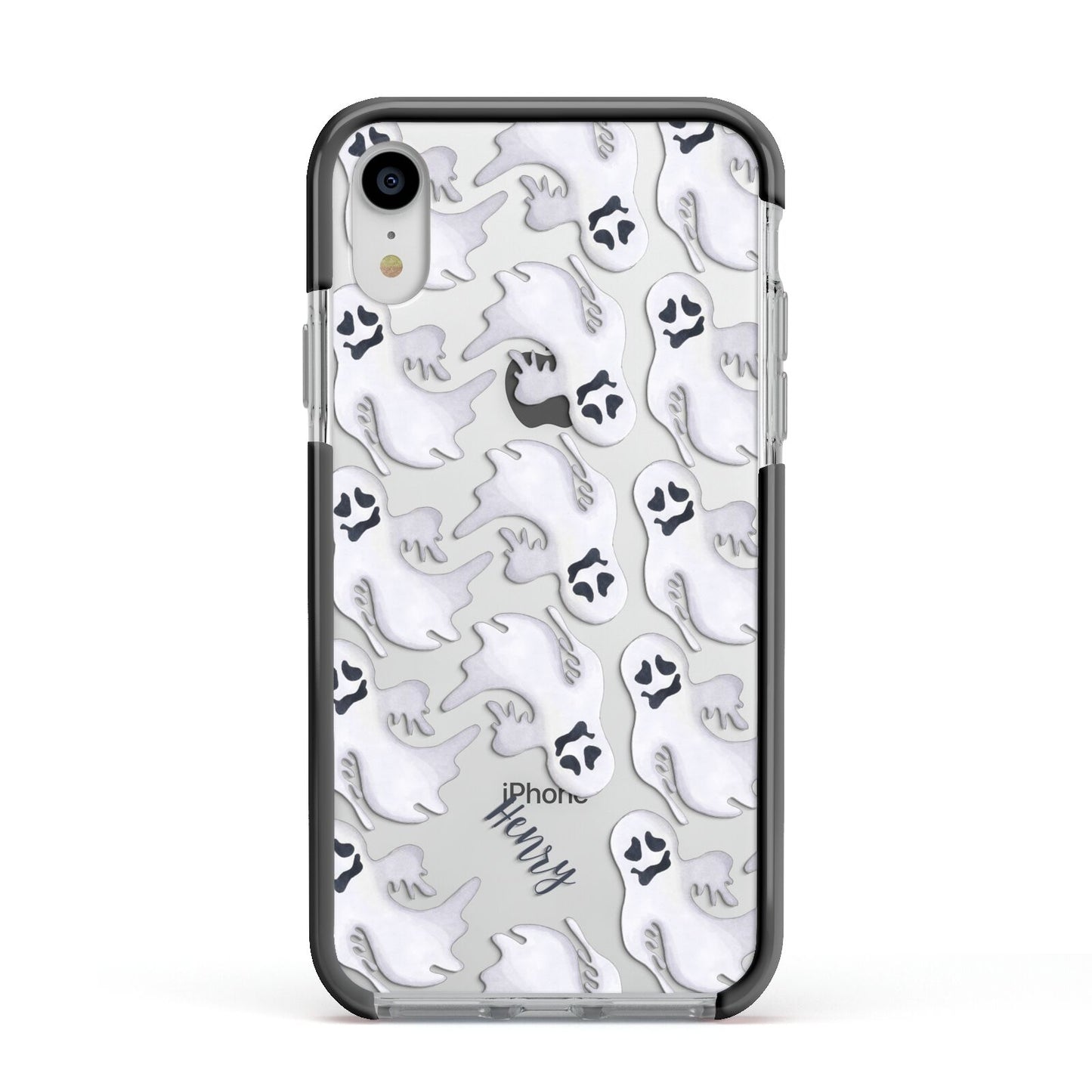 Floaty Ghosts Personalised Apple iPhone XR Impact Case Black Edge on Silver Phone