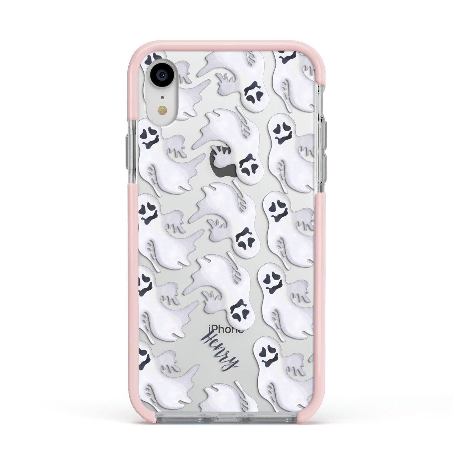 Floaty Ghosts Personalised Apple iPhone XR Impact Case Pink Edge on Silver Phone