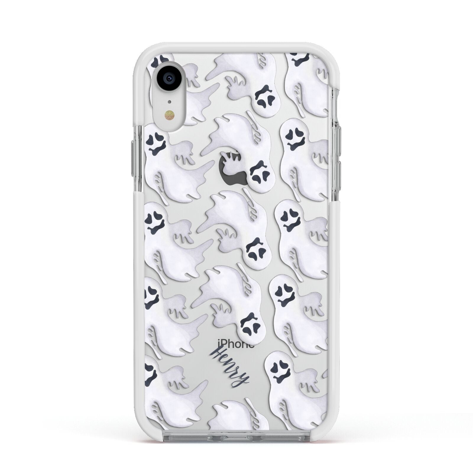 Floaty Ghosts Personalised Apple iPhone XR Impact Case White Edge on Silver Phone