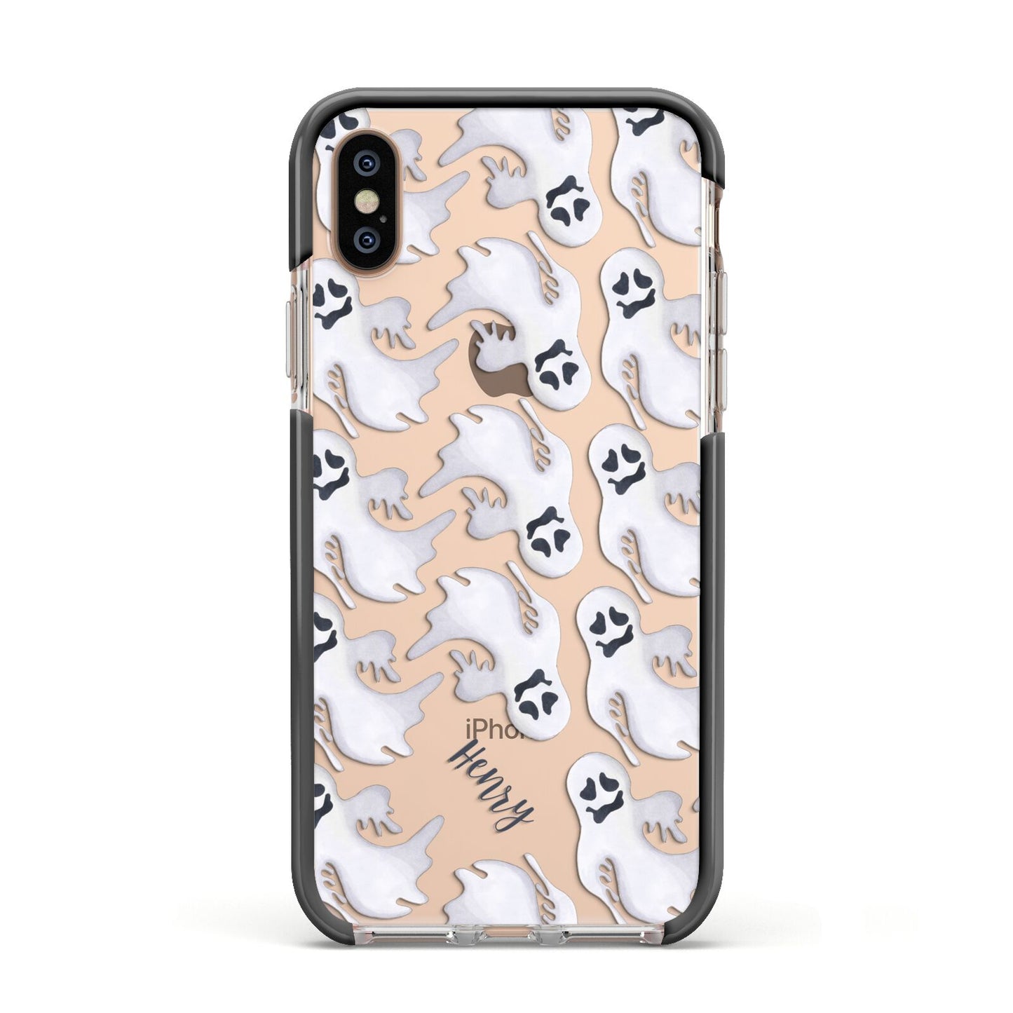 Floaty Ghosts Personalised Apple iPhone Xs Impact Case Black Edge on Gold Phone