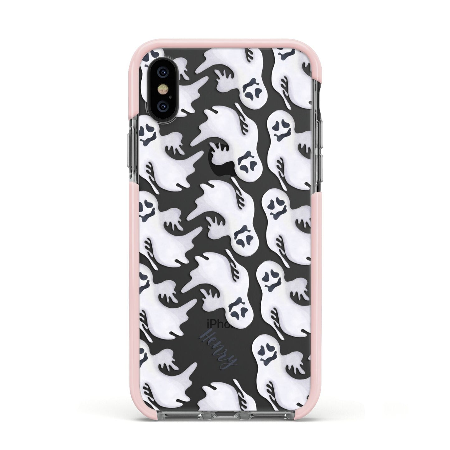 Floaty Ghosts Personalised Apple iPhone Xs Impact Case Pink Edge on Black Phone