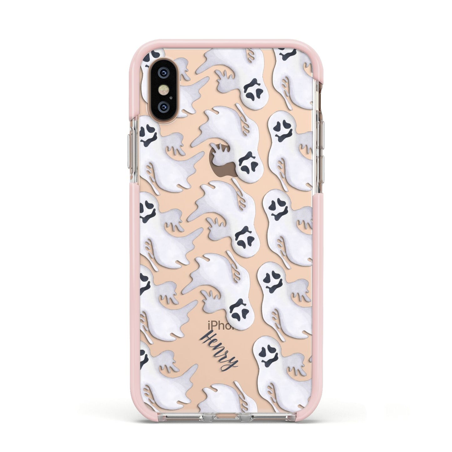 Floaty Ghosts Personalised Apple iPhone Xs Impact Case Pink Edge on Gold Phone