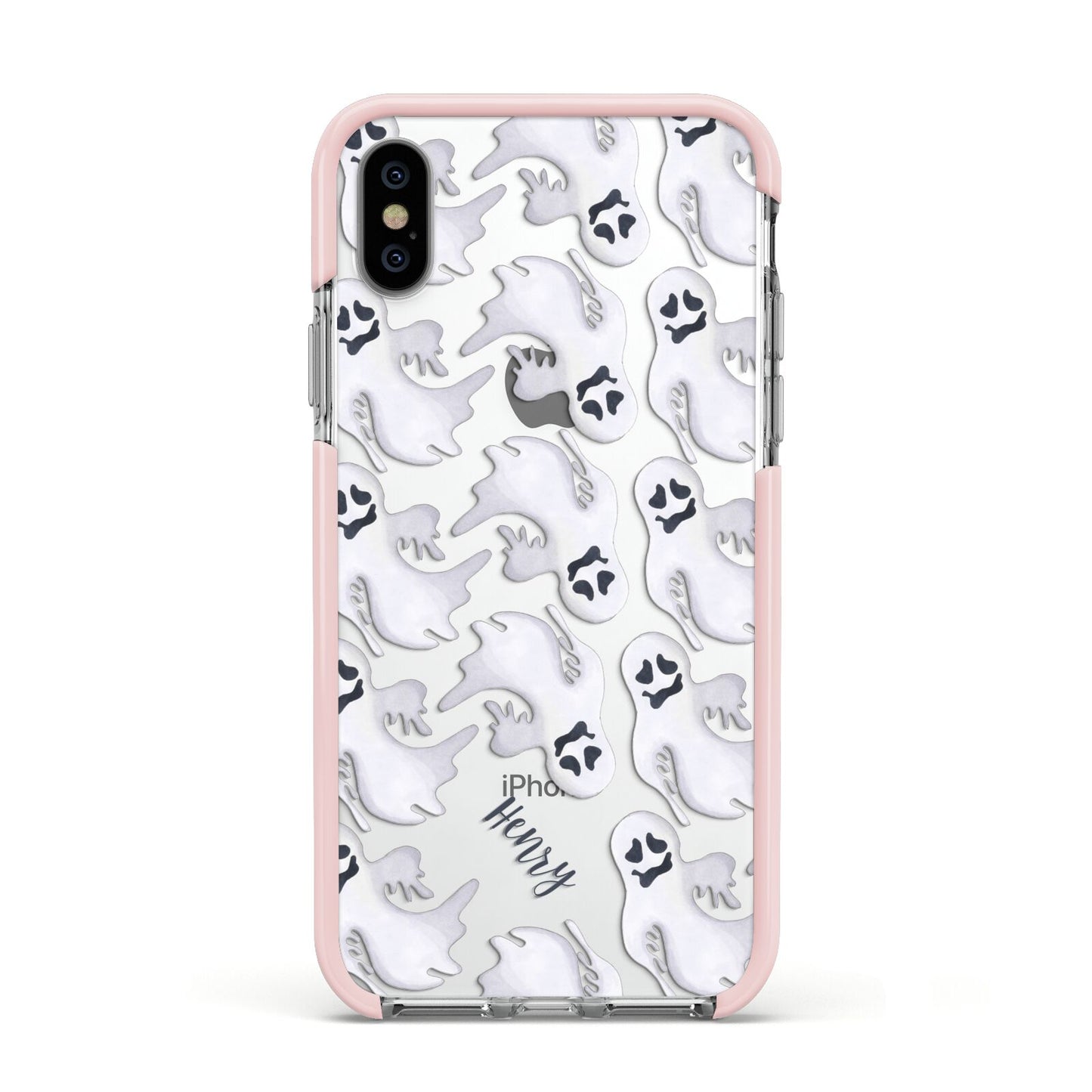 Floaty Ghosts Personalised Apple iPhone Xs Impact Case Pink Edge on Silver Phone