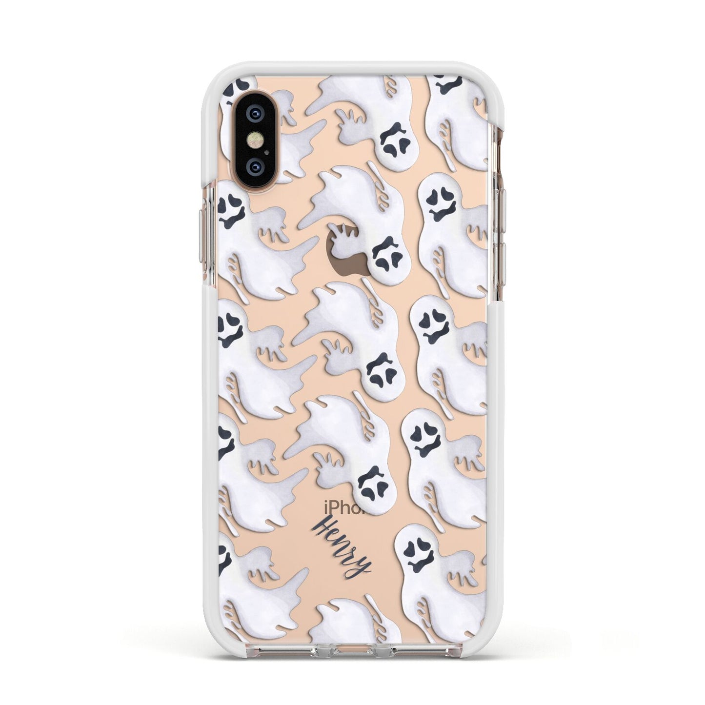 Floaty Ghosts Personalised Apple iPhone Xs Impact Case White Edge on Gold Phone