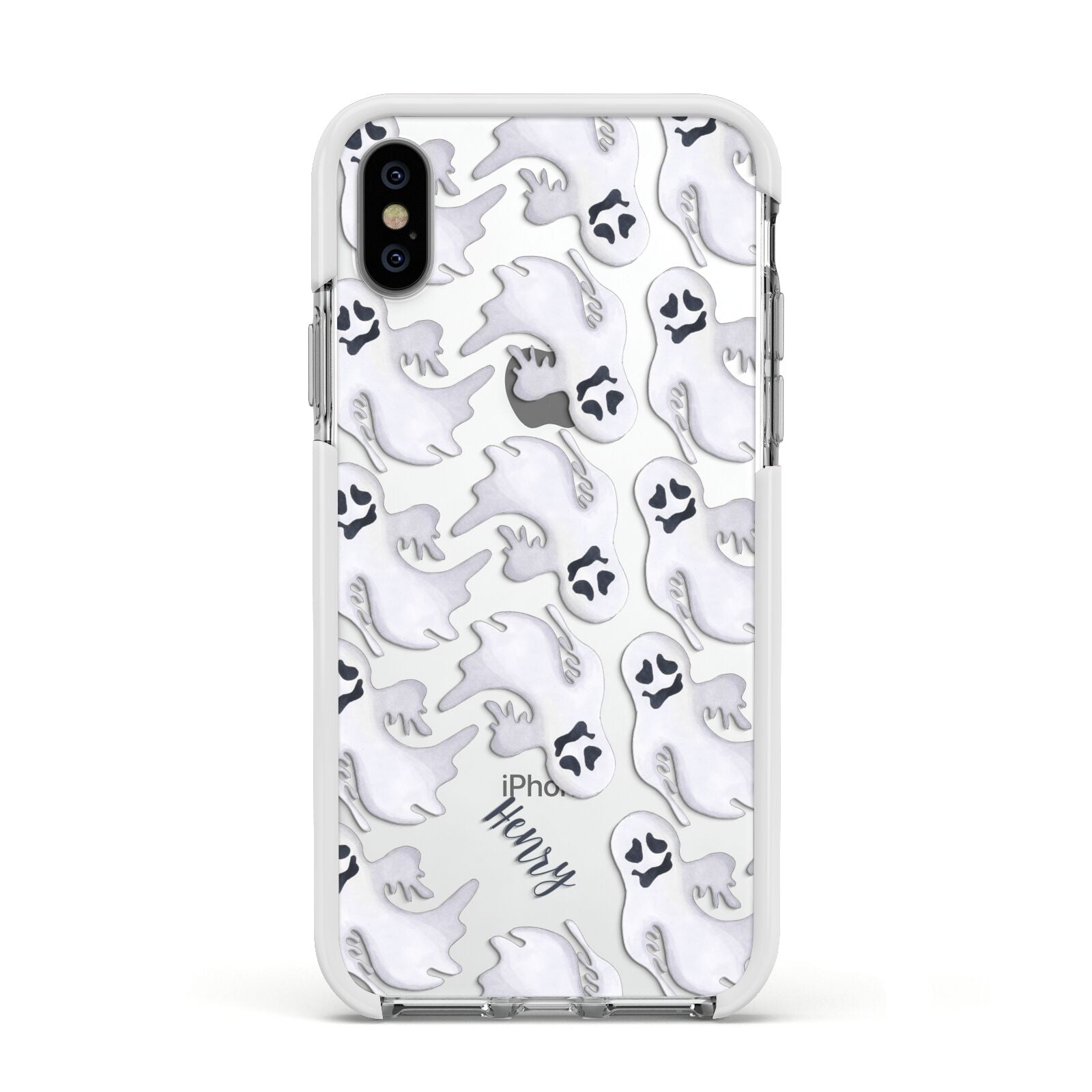 Floaty Ghosts Personalised Apple iPhone Xs Impact Case White Edge on Silver Phone