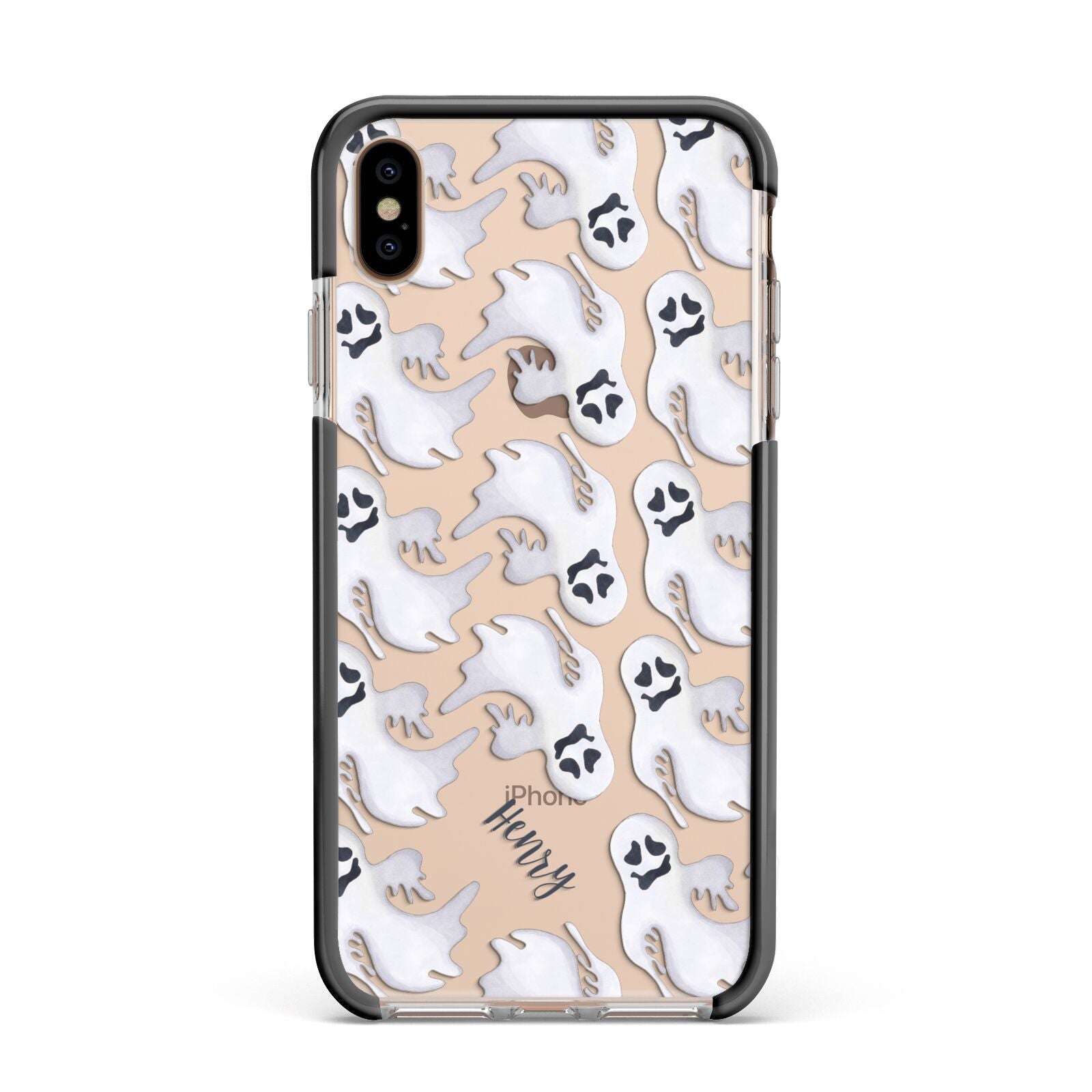 Floaty Ghosts Personalised Apple iPhone Xs Max Impact Case Black Edge on Gold Phone
