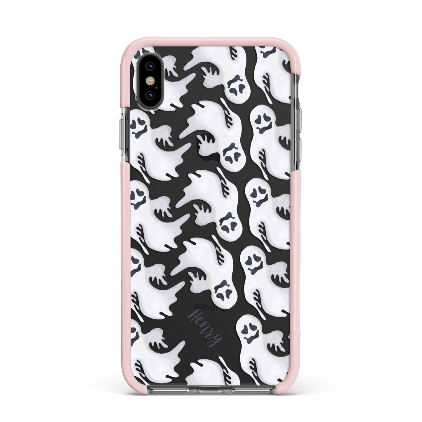 Floaty Ghosts Personalised Apple iPhone Xs Max Impact Case Pink Edge on Black Phone