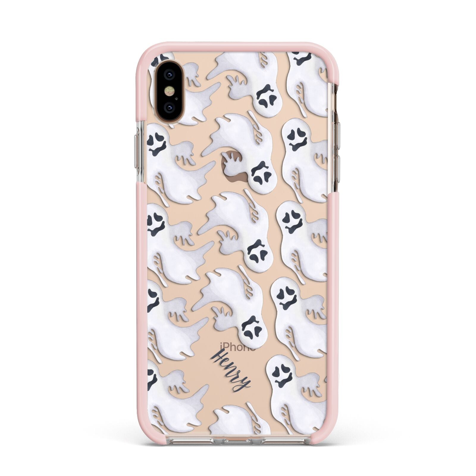 Floaty Ghosts Personalised Apple iPhone Xs Max Impact Case Pink Edge on Gold Phone