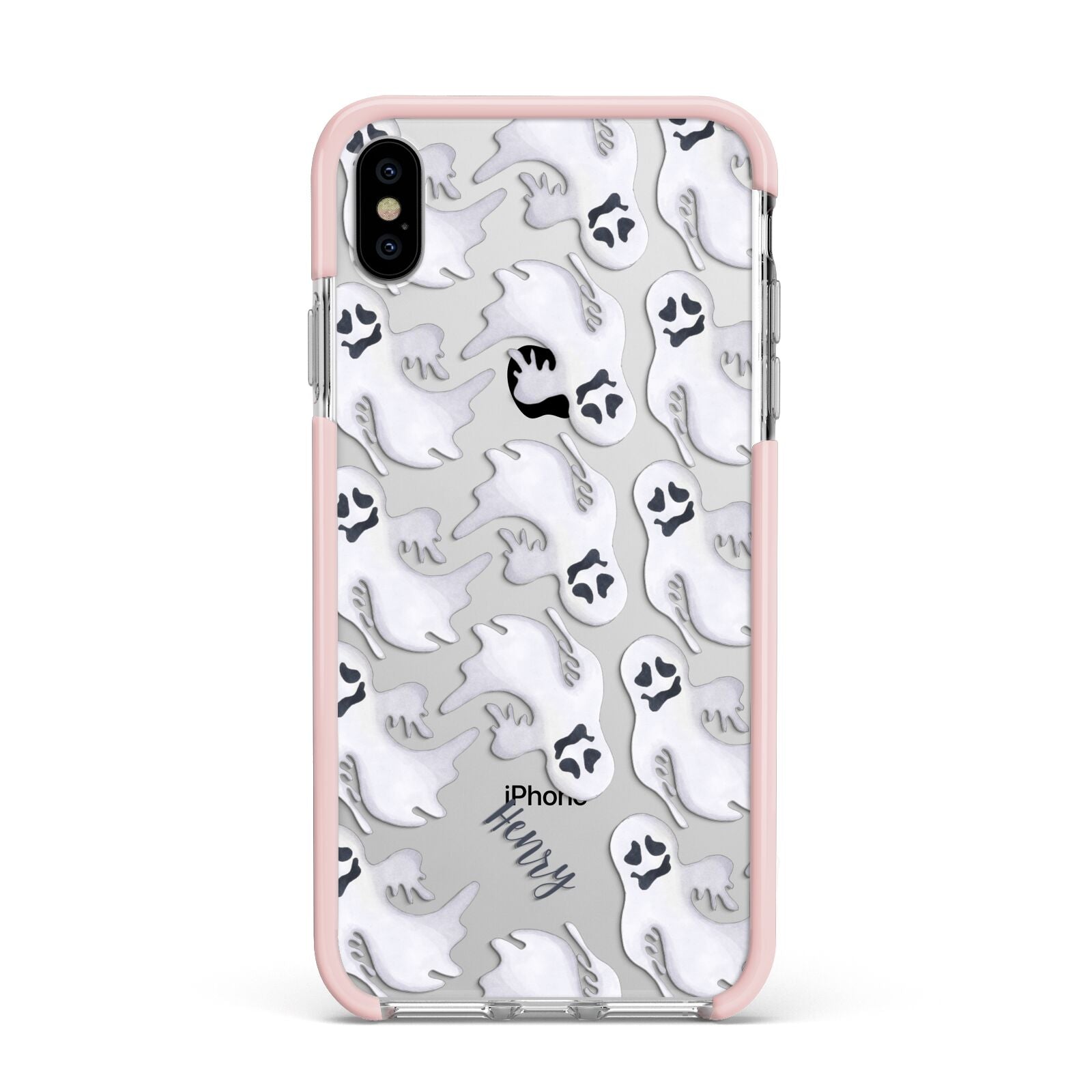 Floaty Ghosts Personalised Apple iPhone Xs Max Impact Case Pink Edge on Silver Phone