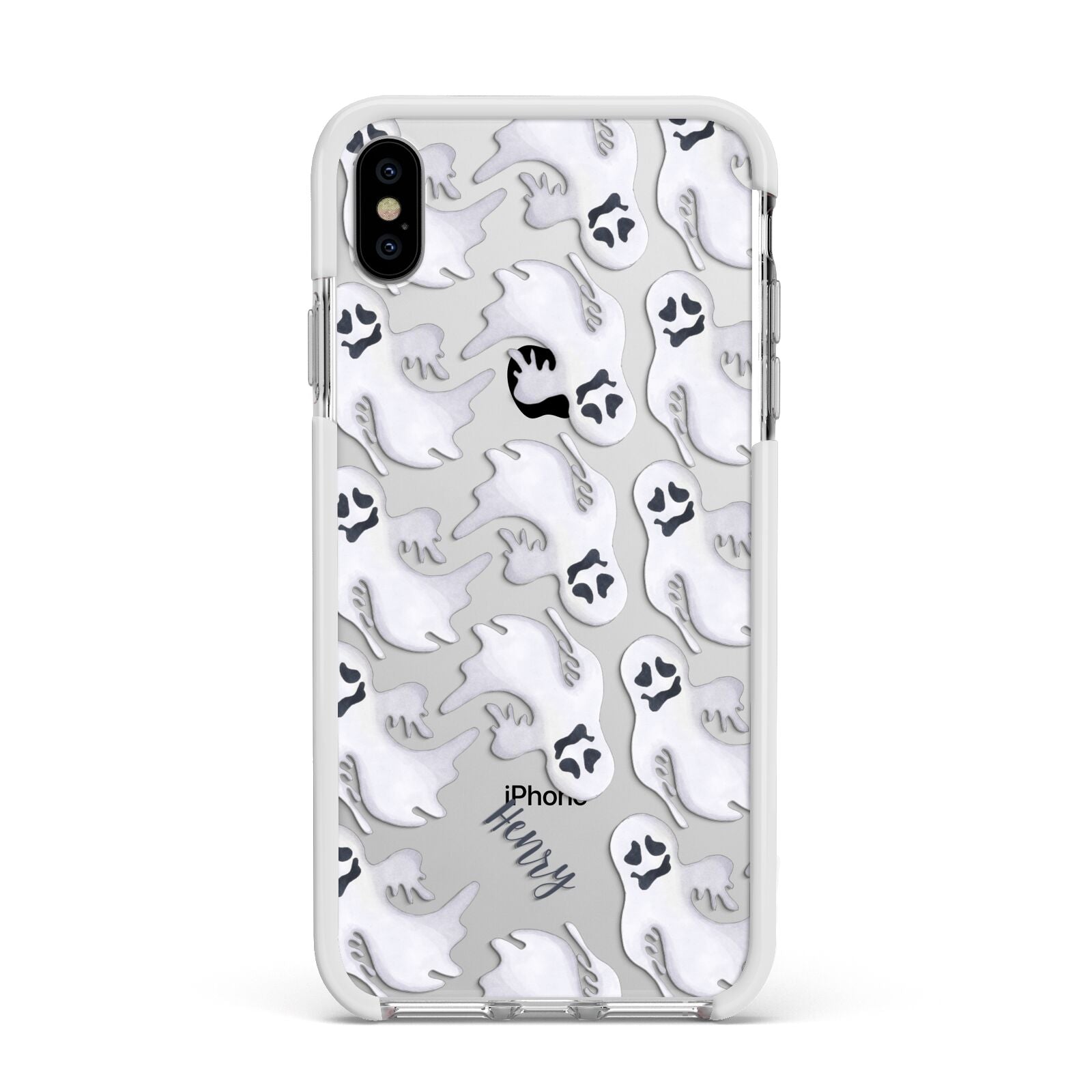 Floaty Ghosts Personalised Apple iPhone Xs Max Impact Case White Edge on Silver Phone