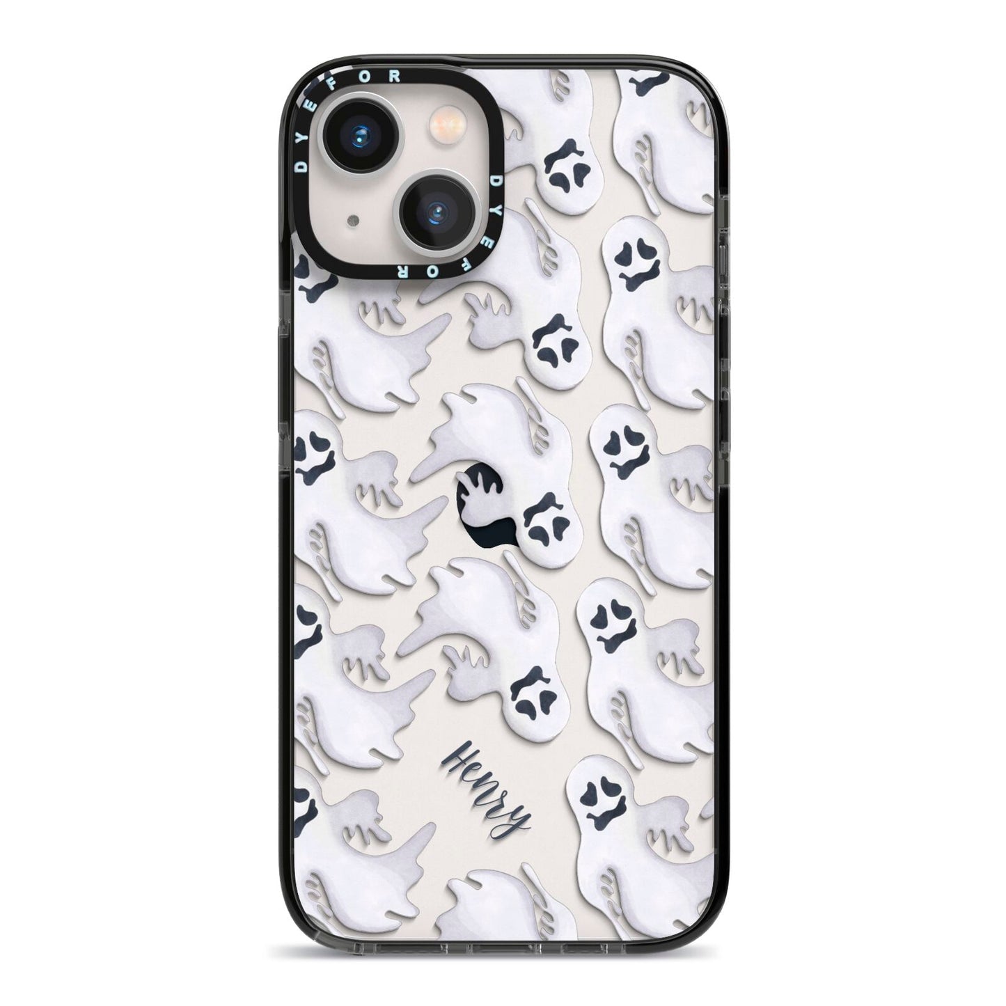Floaty Ghosts Personalised iPhone 13 Black Impact Case on Silver phone