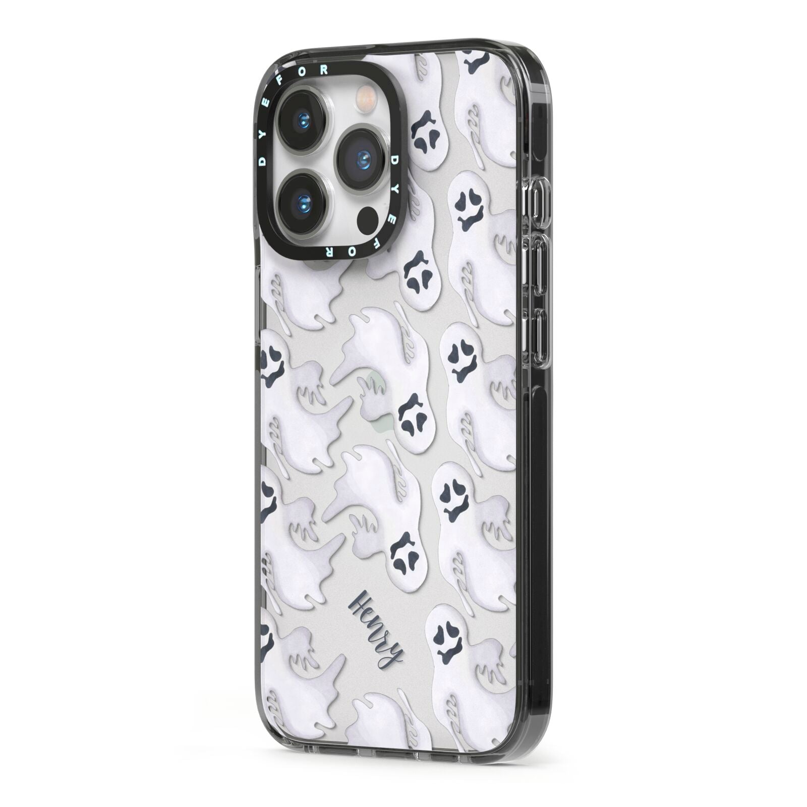 Floaty Ghosts Personalised iPhone 13 Pro Black Impact Case Side Angle on Silver phone