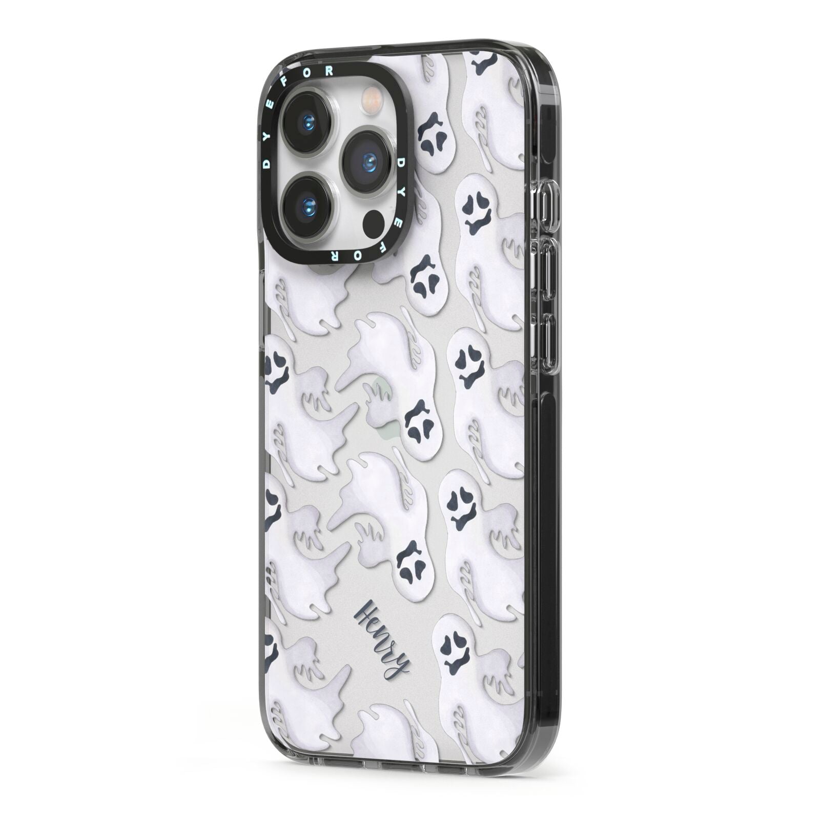 Floaty Ghosts Personalised iPhone 13 Pro Black Impact Case Side Angle on Silver phone