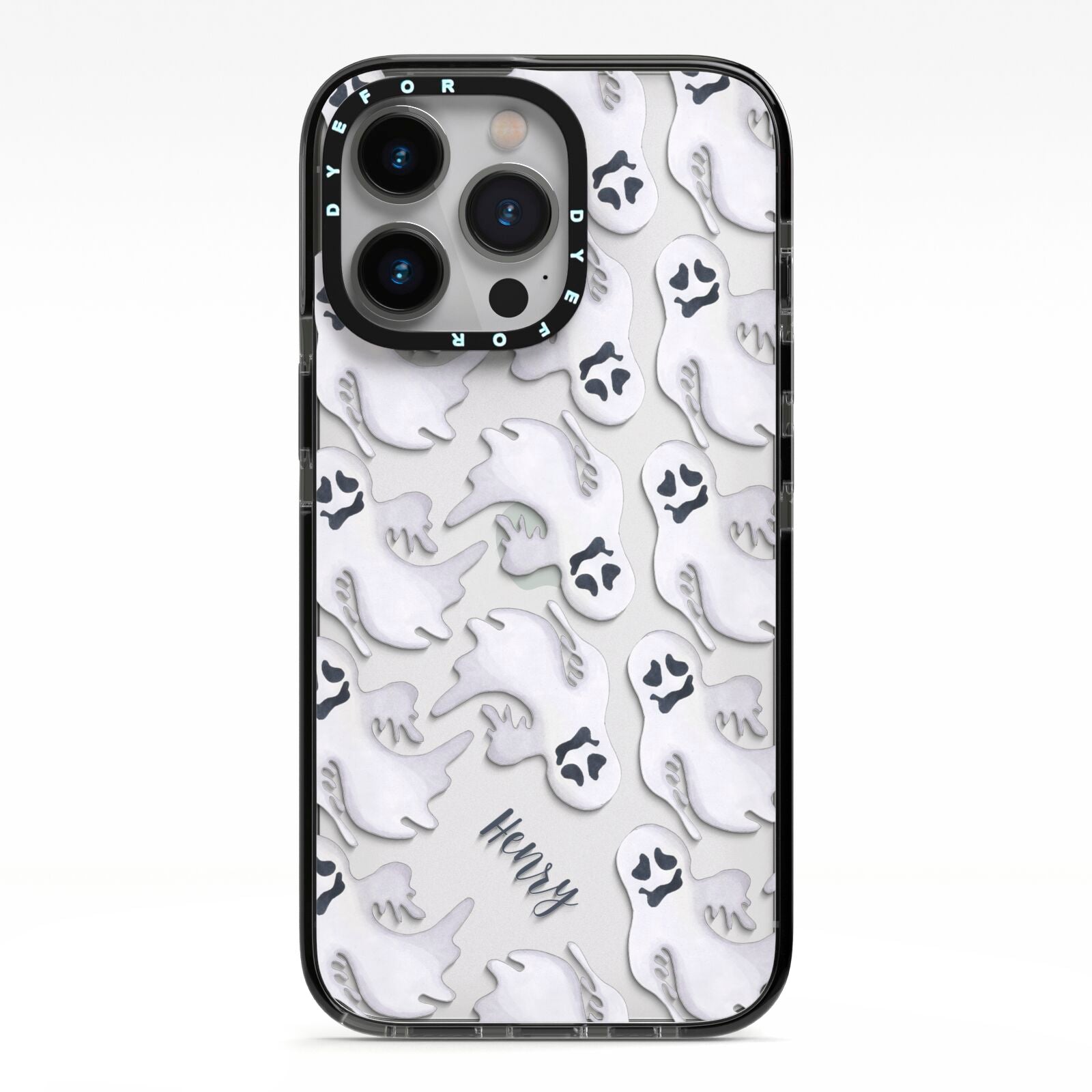 Floaty Ghosts Personalised iPhone 13 Pro Black Impact Case on Silver phone