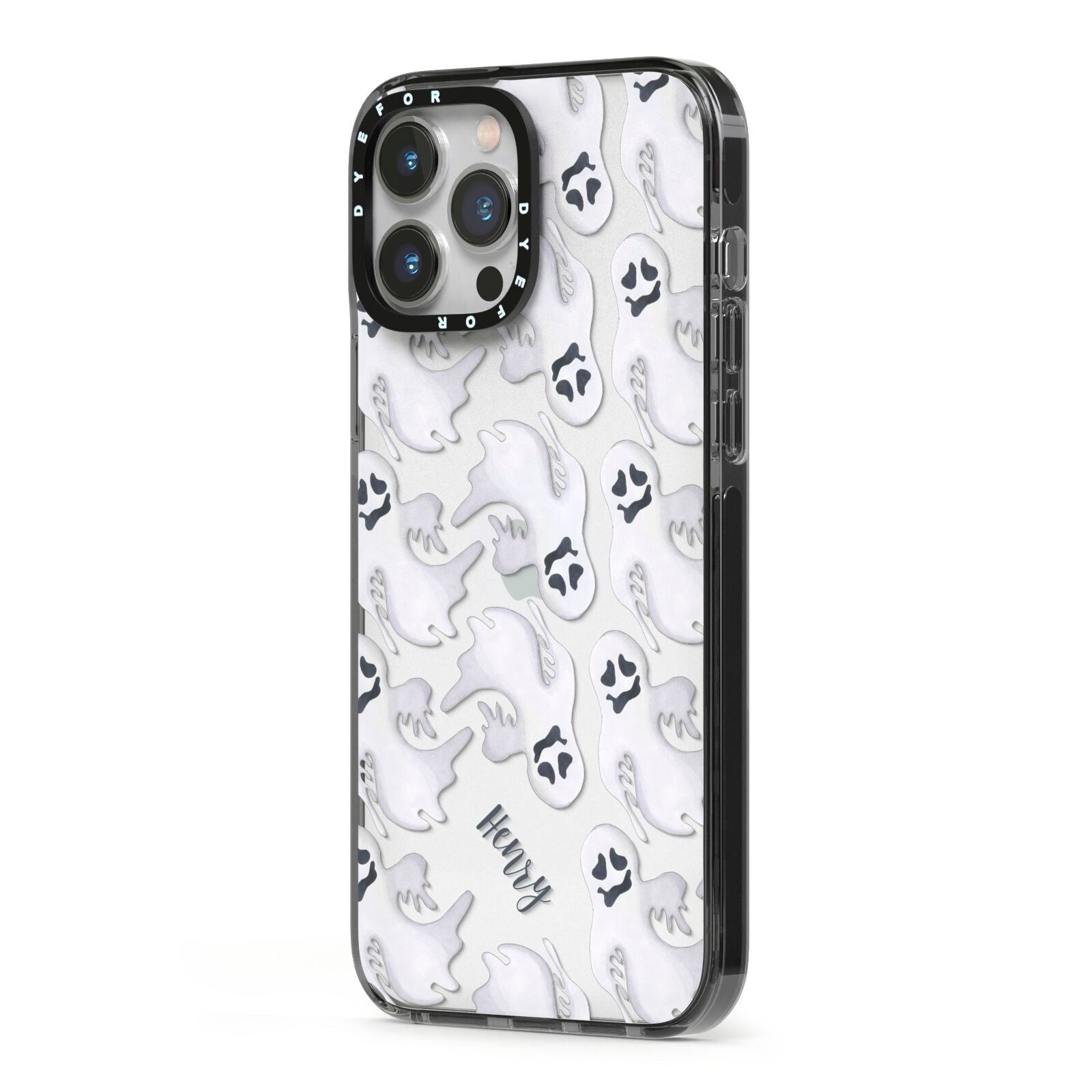 Floaty Ghosts Personalised iPhone 13 Pro Max Black Impact Case Side Angle on Silver phone