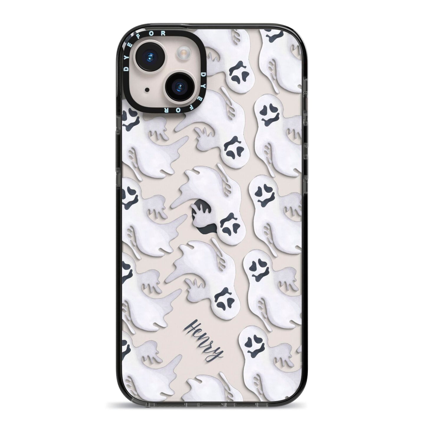 Floaty Ghosts Personalised iPhone 14 Plus Black Impact Case on Silver phone