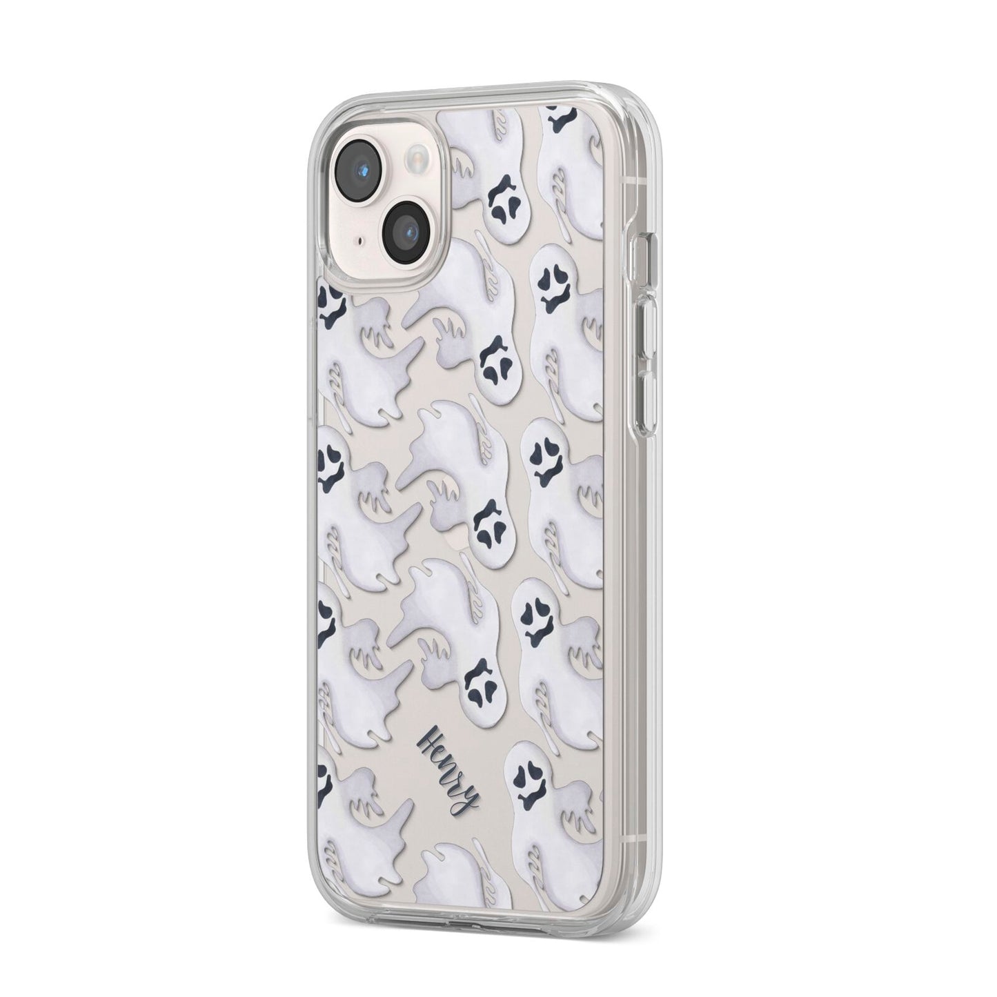 Floaty Ghosts Personalised iPhone 14 Plus Clear Tough Case Starlight Angled Image