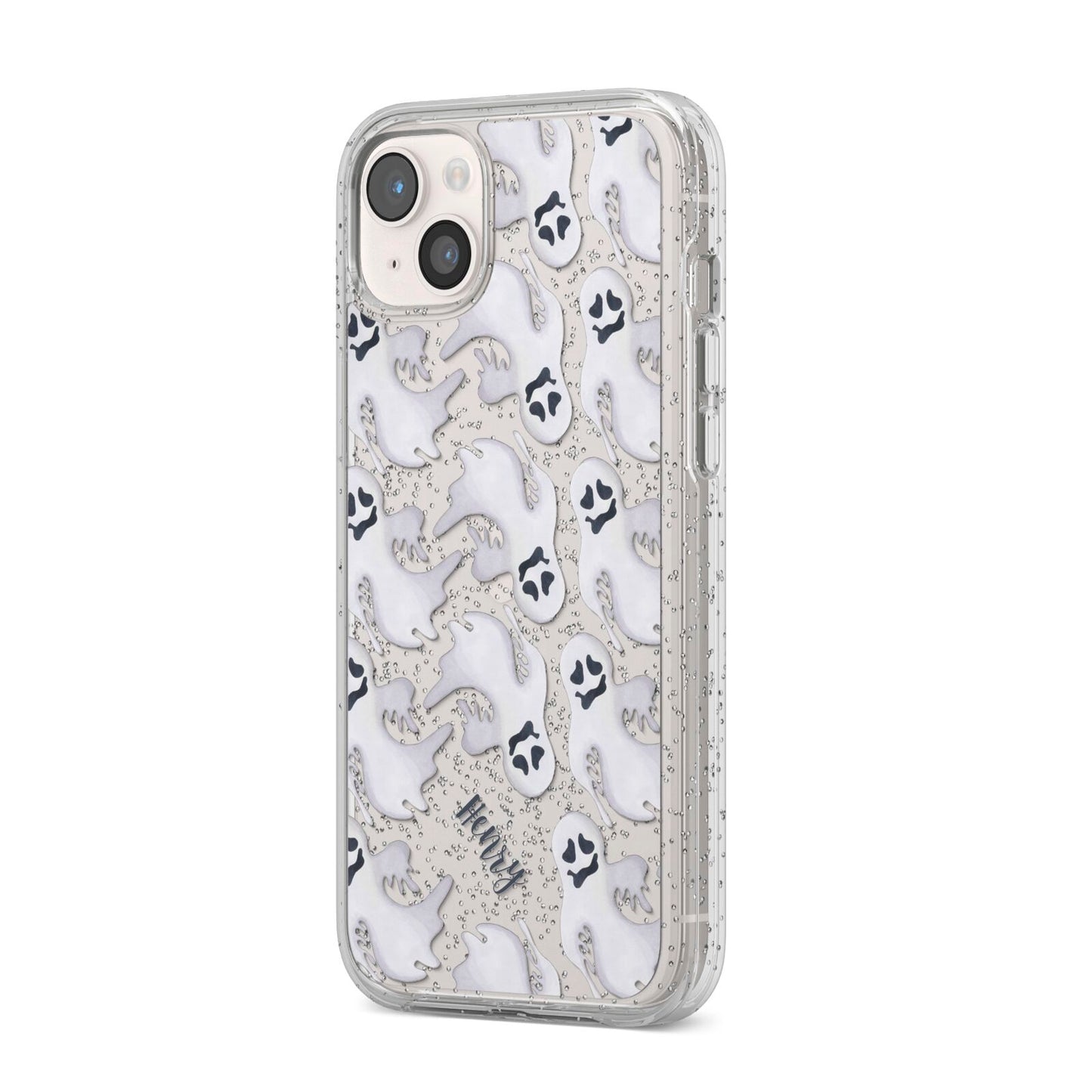 Floaty Ghosts Personalised iPhone 14 Plus Glitter Tough Case Starlight Angled Image