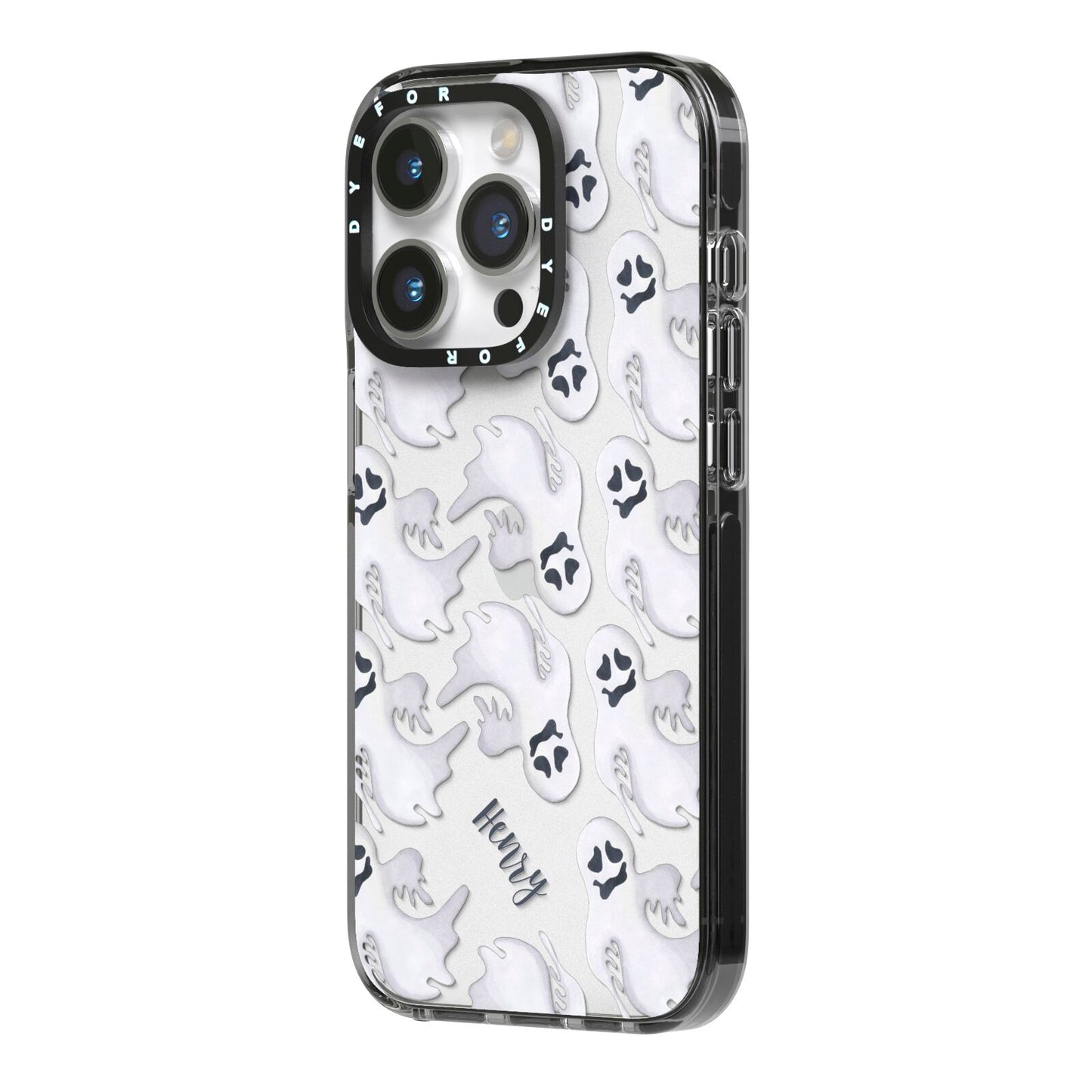 Floaty Ghosts Personalised iPhone 14 Pro Black Impact Case Side Angle on Silver phone