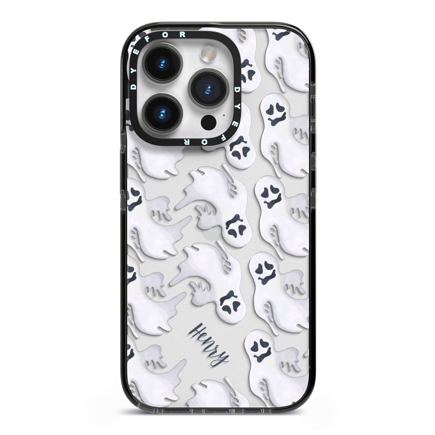Floaty Ghosts Personalised iPhone 14 Pro Black Impact Case on Silver phone