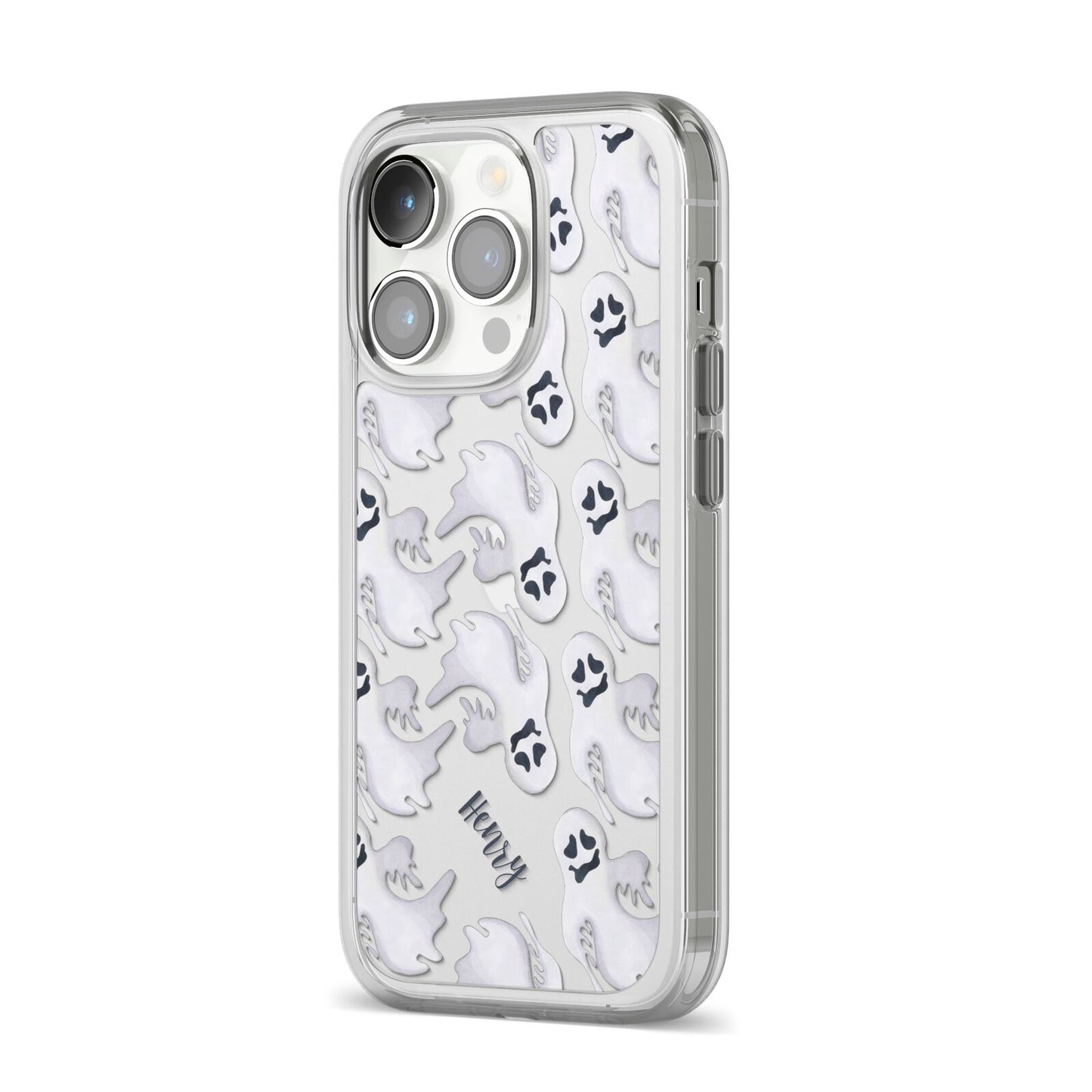 Floaty Ghosts Personalised iPhone 14 Pro Clear Tough Case Silver Angled Image