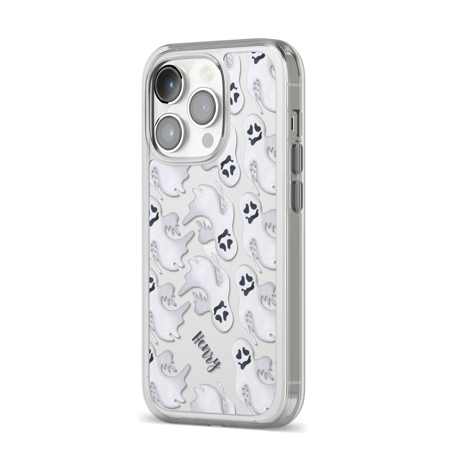 Floaty Ghosts Personalised iPhone 14 Pro Clear Tough Case Silver Angled Image