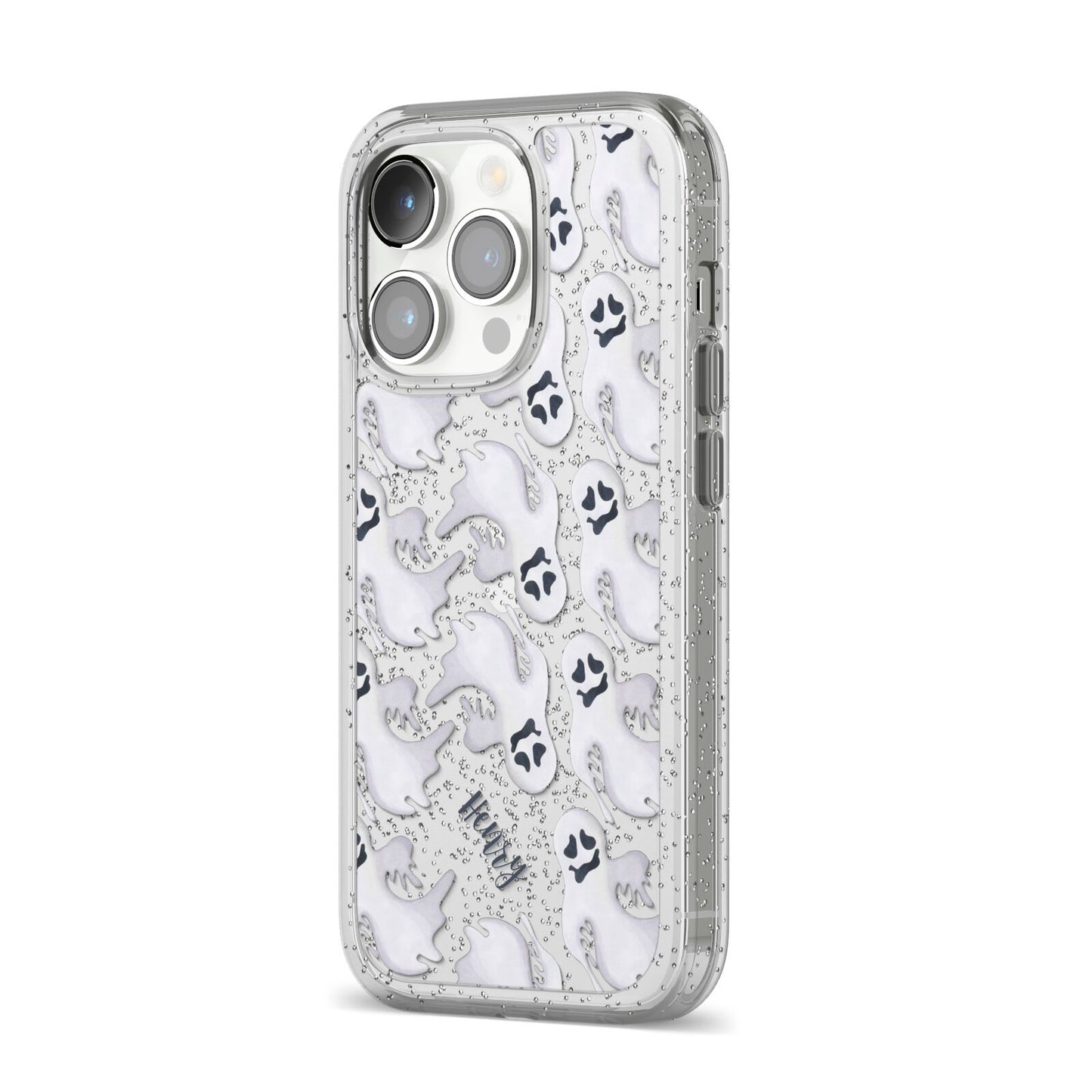 Floaty Ghosts Personalised iPhone 14 Pro Glitter Tough Case Silver Angled Image