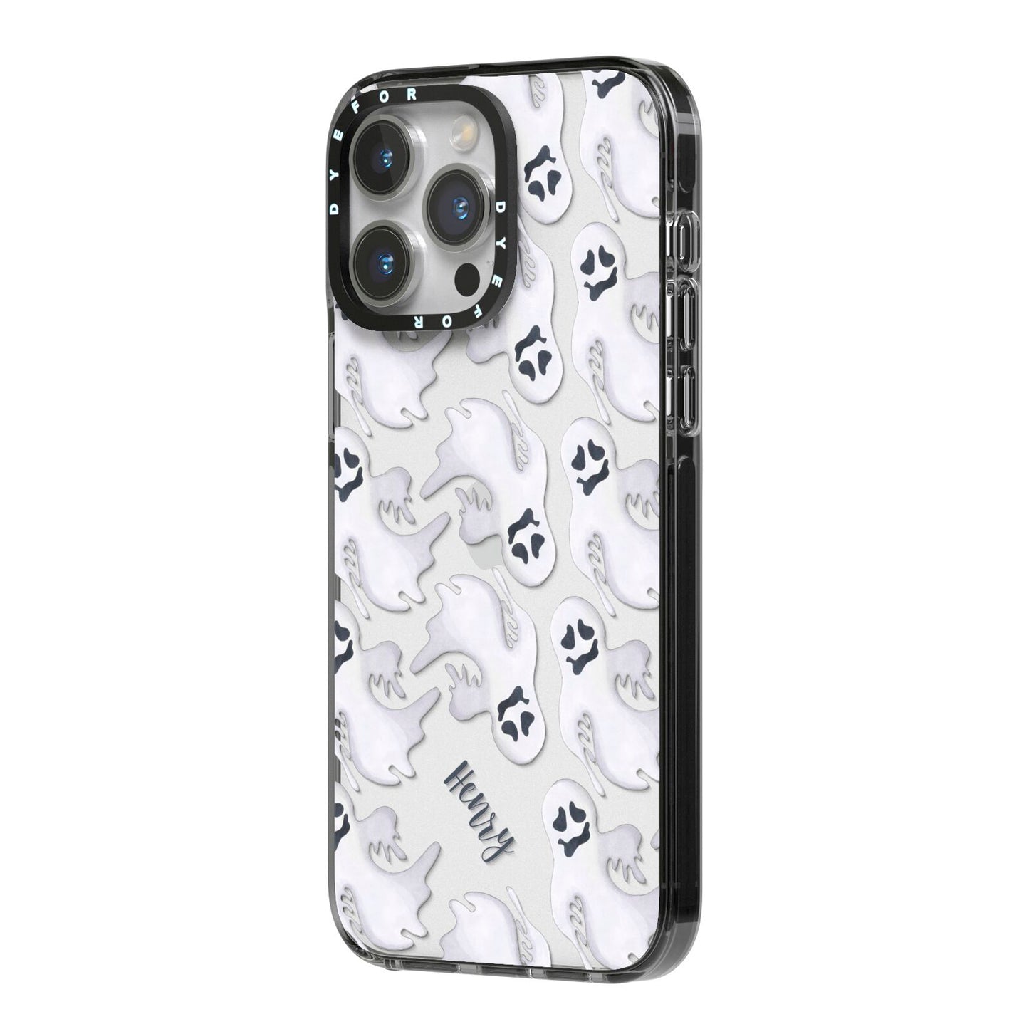 Floaty Ghosts Personalised iPhone 14 Pro Max Black Impact Case Side Angle on Silver phone