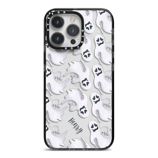 Floaty Ghosts Personalised iPhone 14 Pro Max Black Impact Case on Silver phone