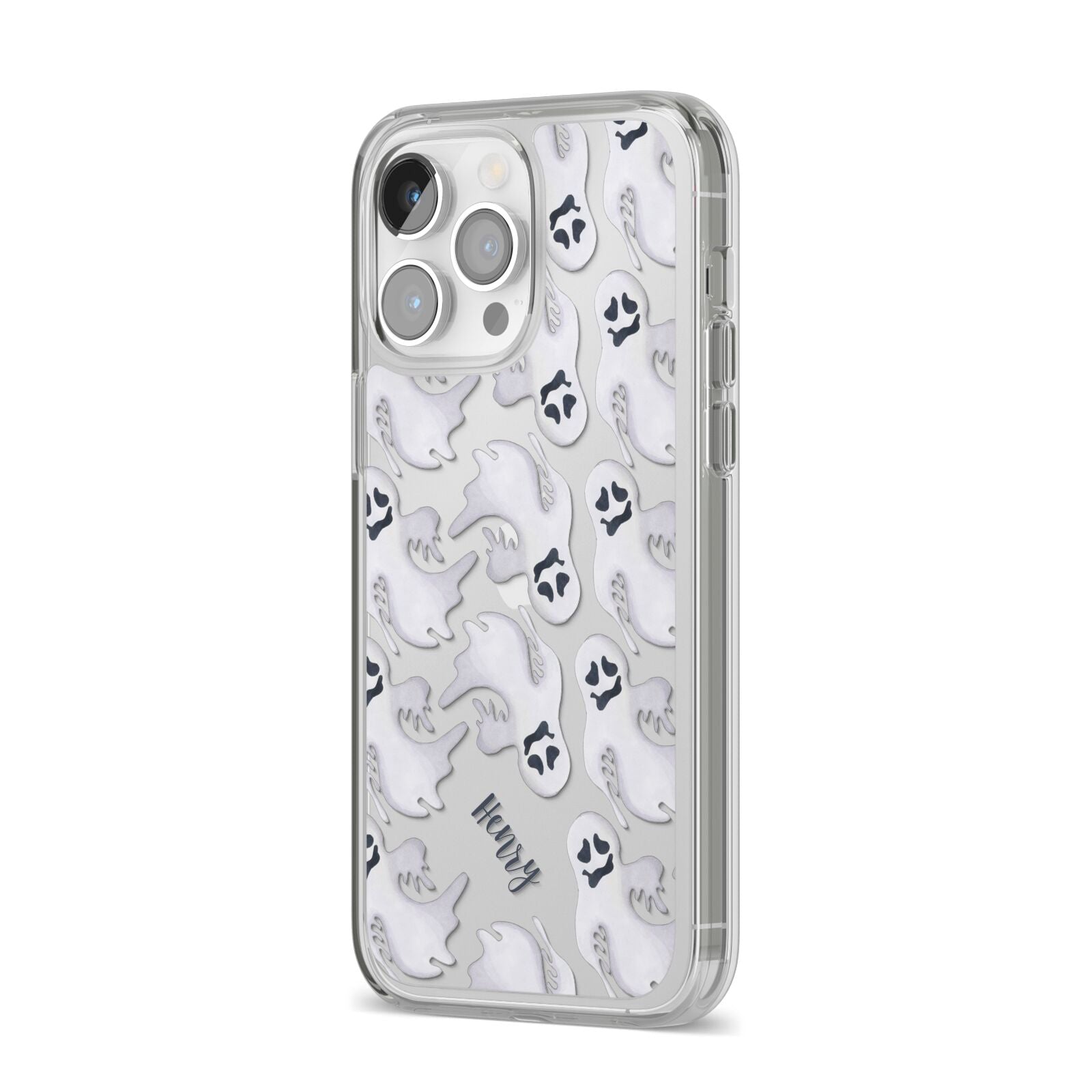 Floaty Ghosts Personalised iPhone 14 Pro Max Clear Tough Case Silver Angled Image