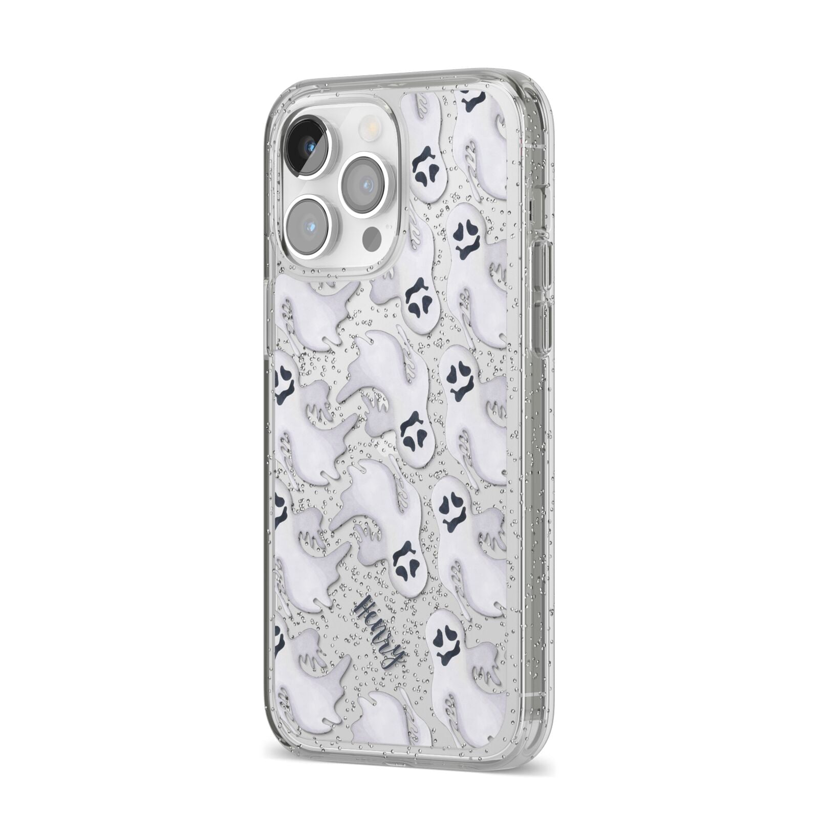 Floaty Ghosts Personalised iPhone 14 Pro Max Glitter Tough Case Silver Angled Image