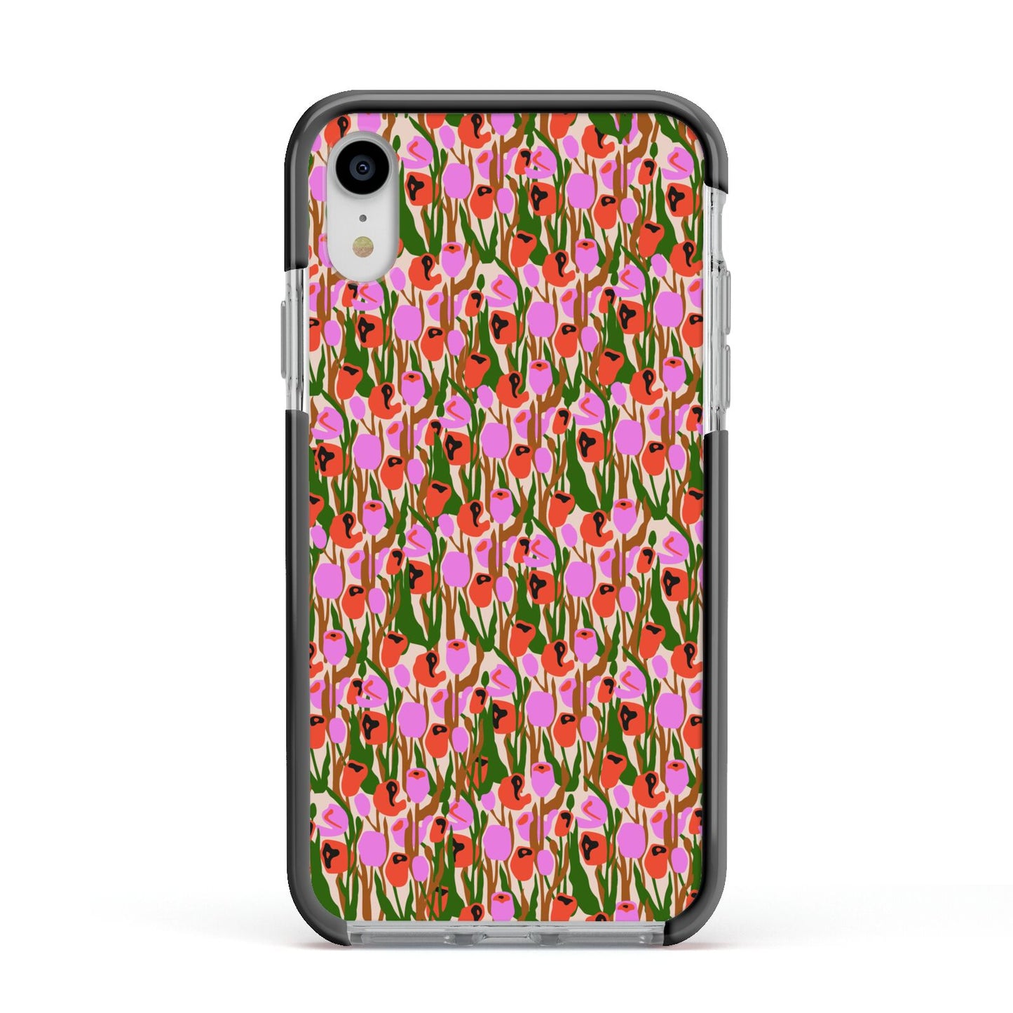 Floral Apple iPhone XR Impact Case Black Edge on Silver Phone