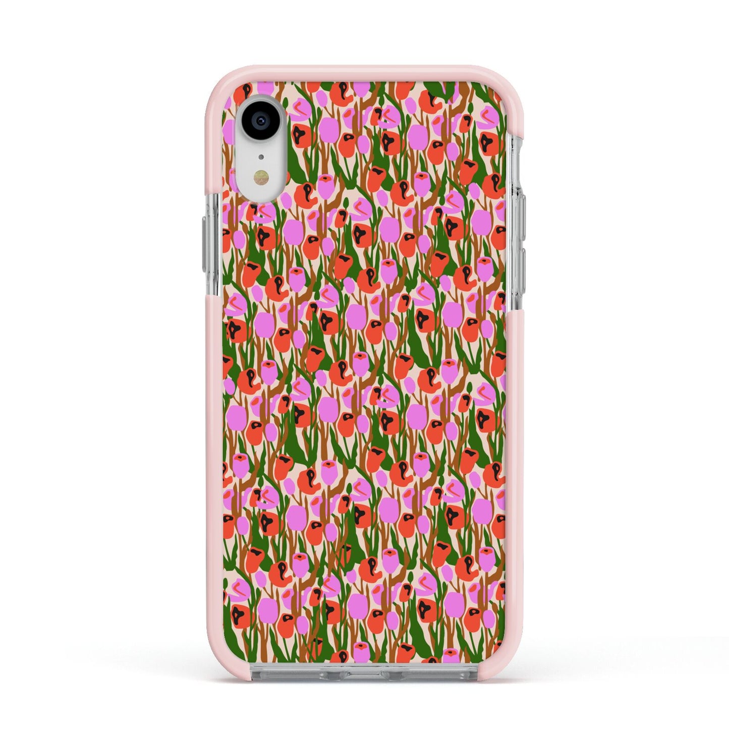 Floral Apple iPhone XR Impact Case Pink Edge on Silver Phone