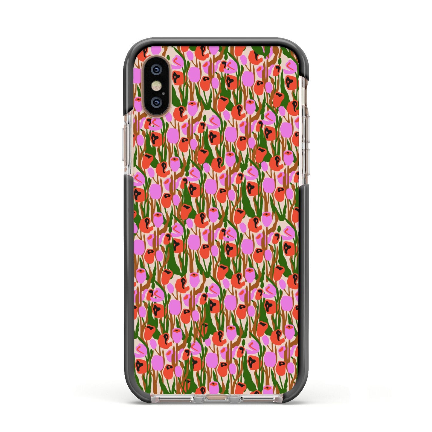 Floral Apple iPhone Xs Impact Case Black Edge on Gold Phone