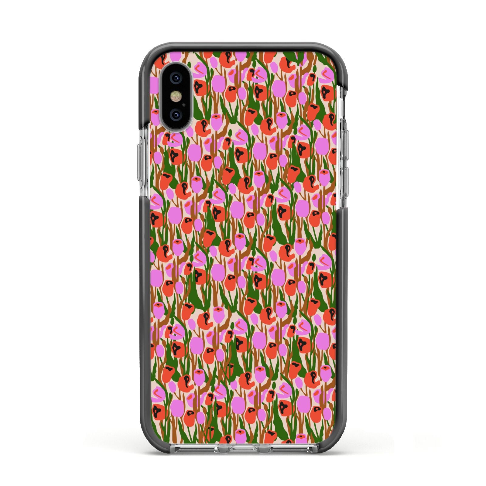 Floral Apple iPhone Xs Impact Case Black Edge on Silver Phone