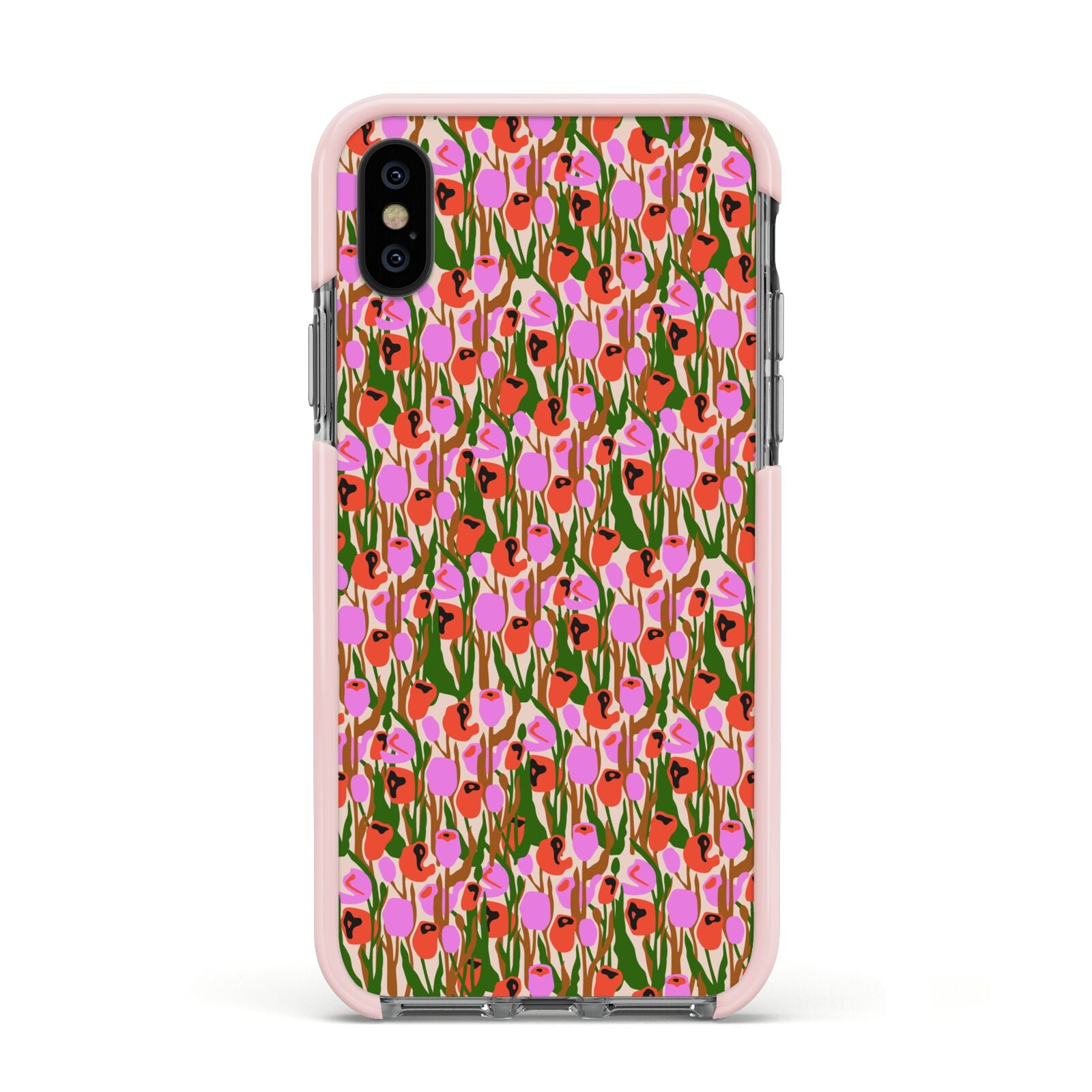 Floral Apple iPhone Xs Impact Case Pink Edge on Black Phone