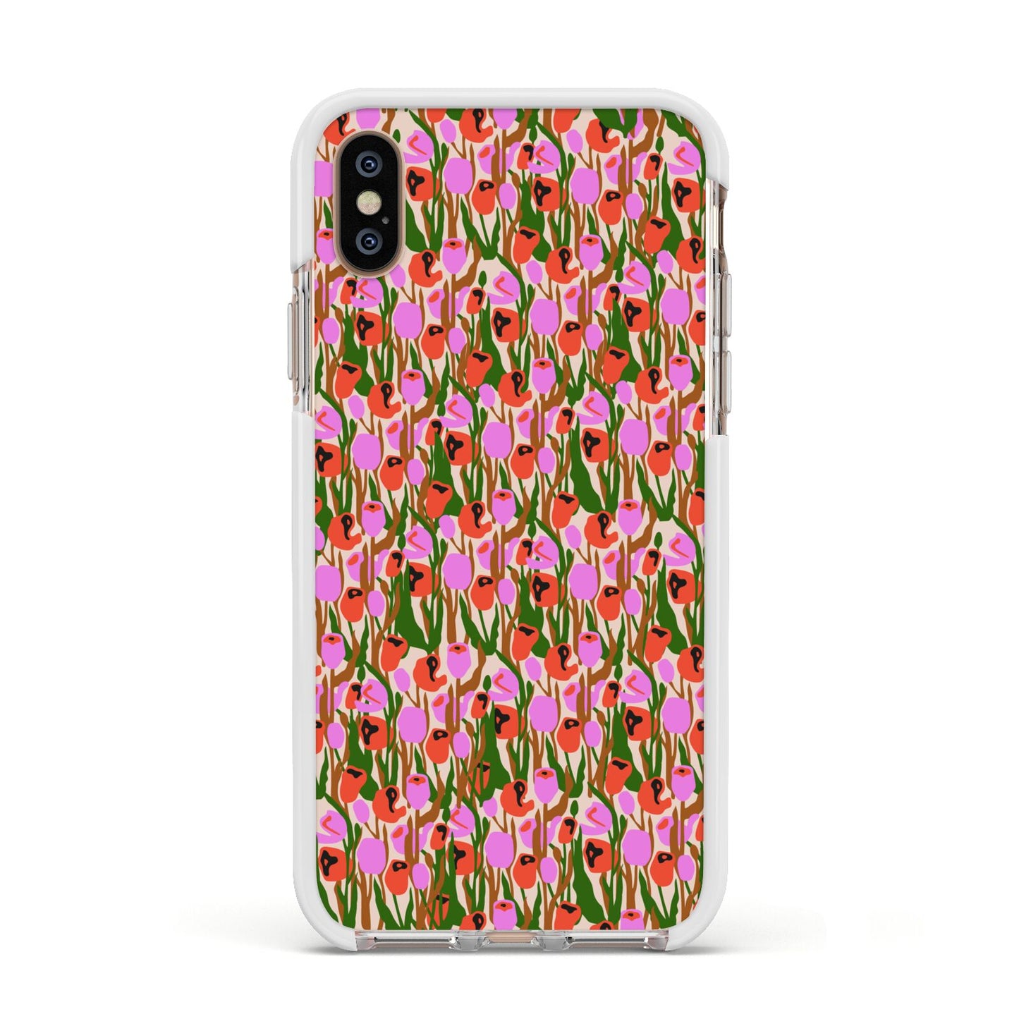 Floral Apple iPhone Xs Impact Case White Edge on Gold Phone