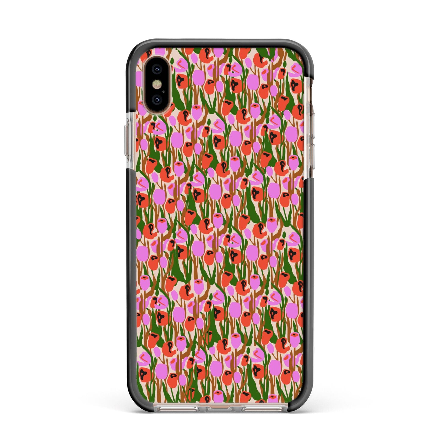 Floral Apple iPhone Xs Max Impact Case Black Edge on Gold Phone
