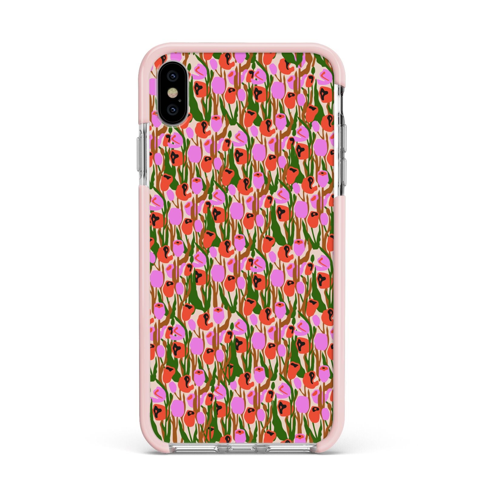 Floral Apple iPhone Xs Max Impact Case Pink Edge on Silver Phone
