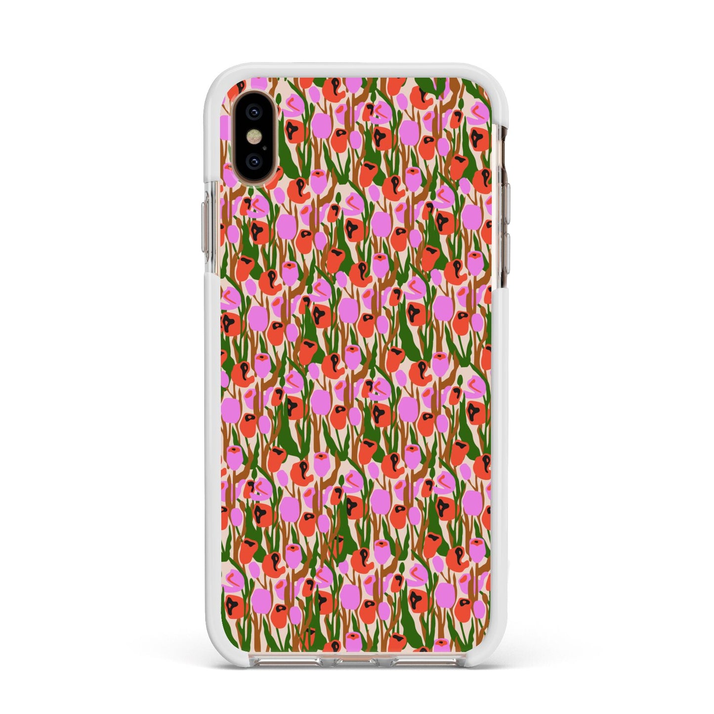 Floral Apple iPhone Xs Max Impact Case White Edge on Gold Phone