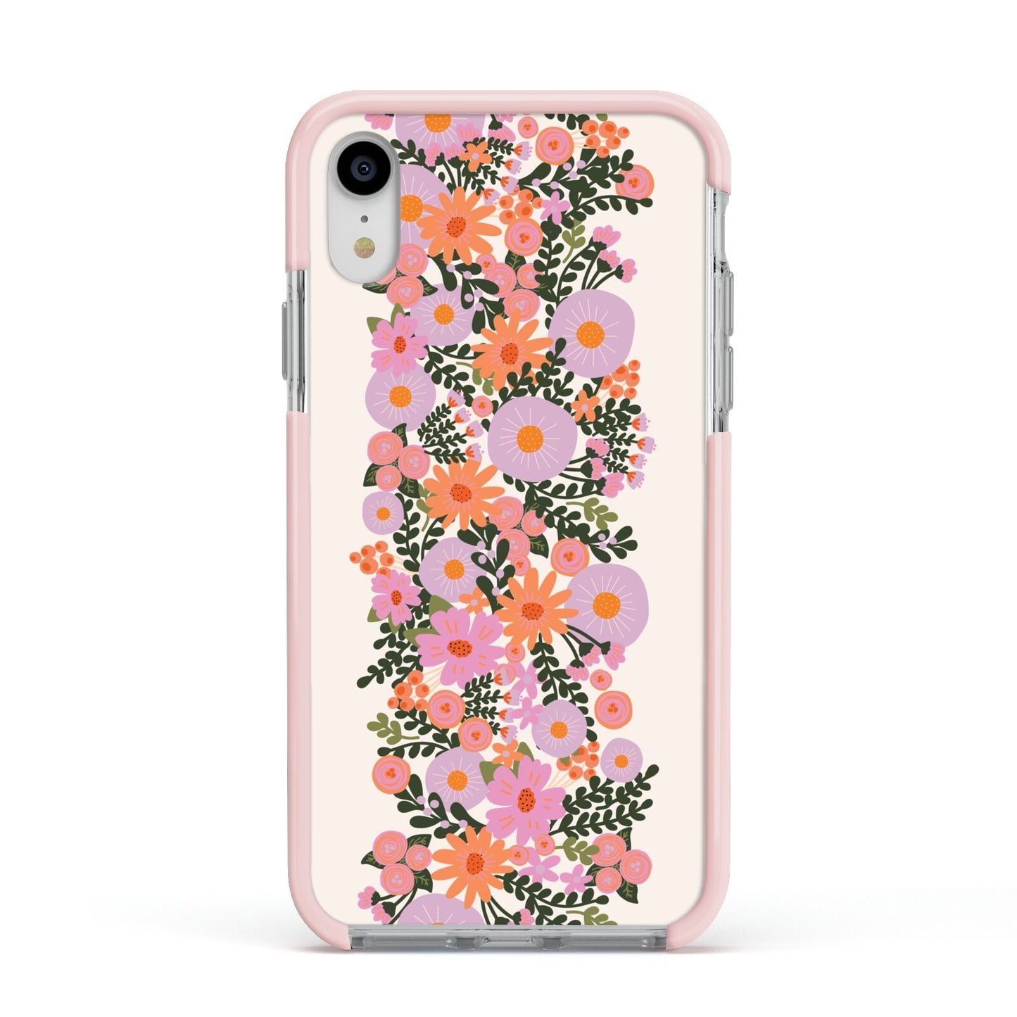 Floral Banner Pattern Apple iPhone XR Impact Case Pink Edge on Silver Phone