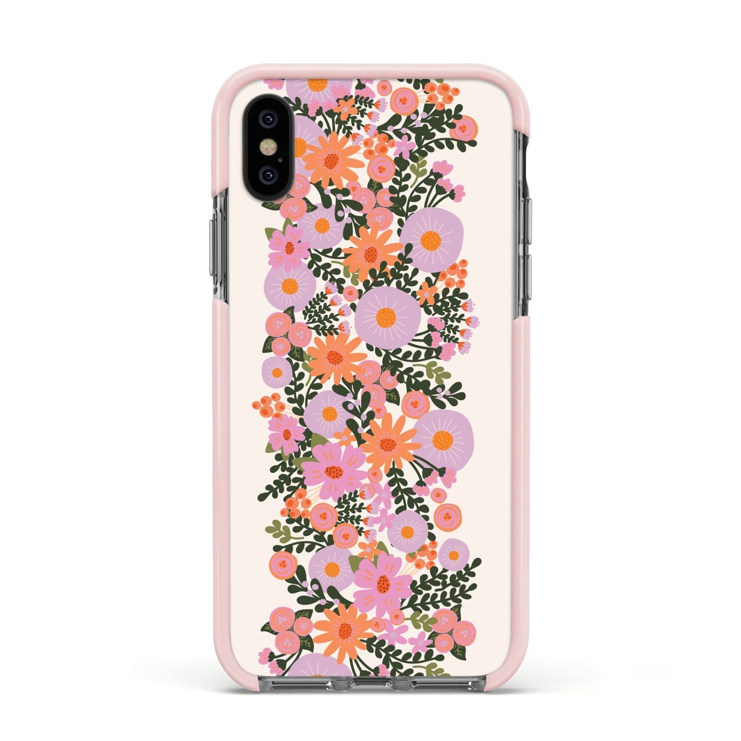 Floral Banner Pattern Apple iPhone Xs Impact Case Pink Edge on Black Phone