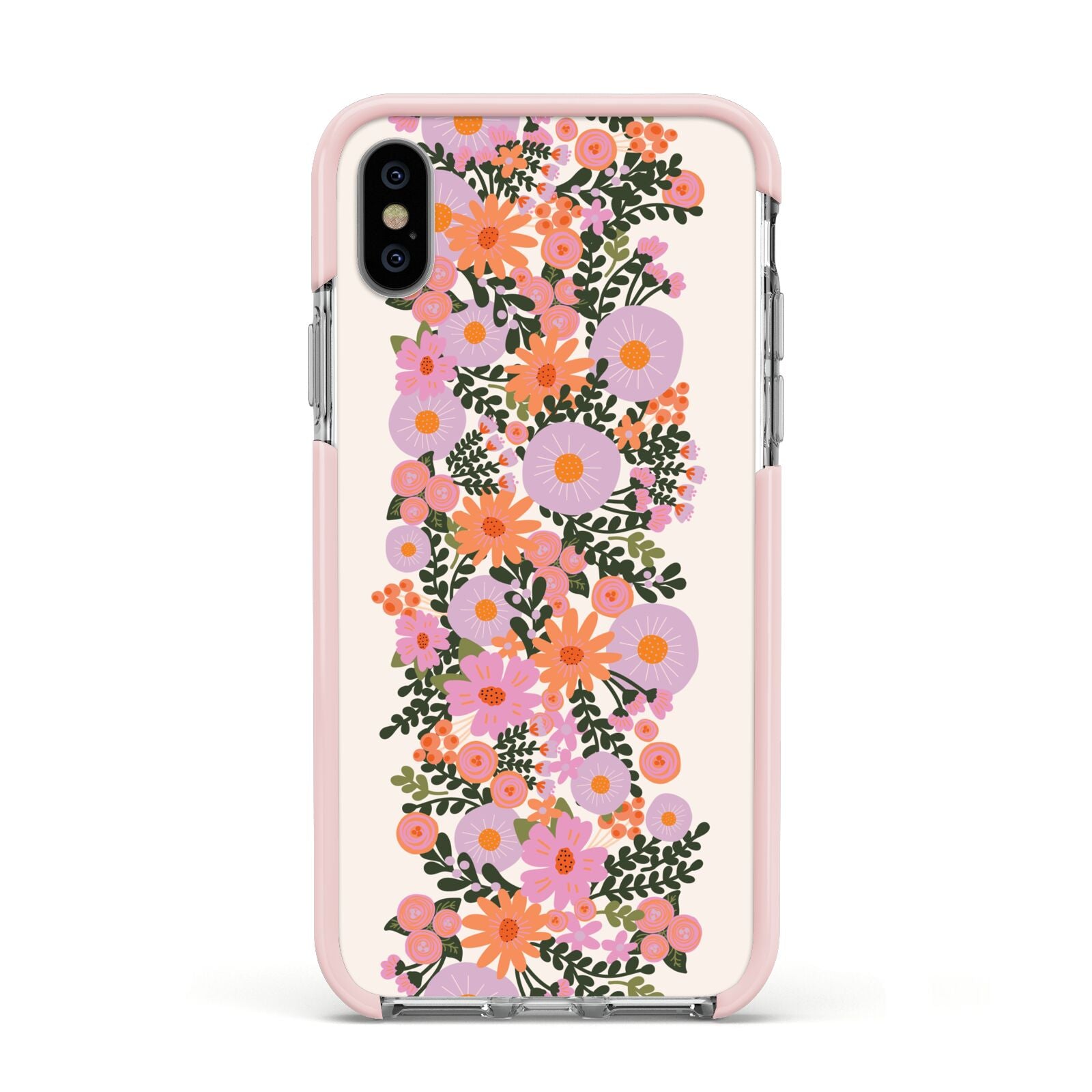 Floral Banner Pattern Apple iPhone Xs Impact Case Pink Edge on Silver Phone