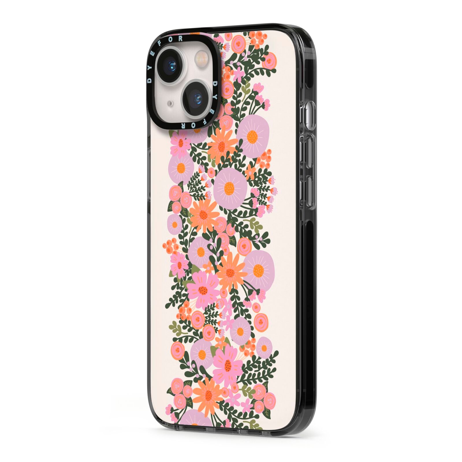 Floral Banner Pattern iPhone 13 Black Impact Case Side Angle on Silver phone