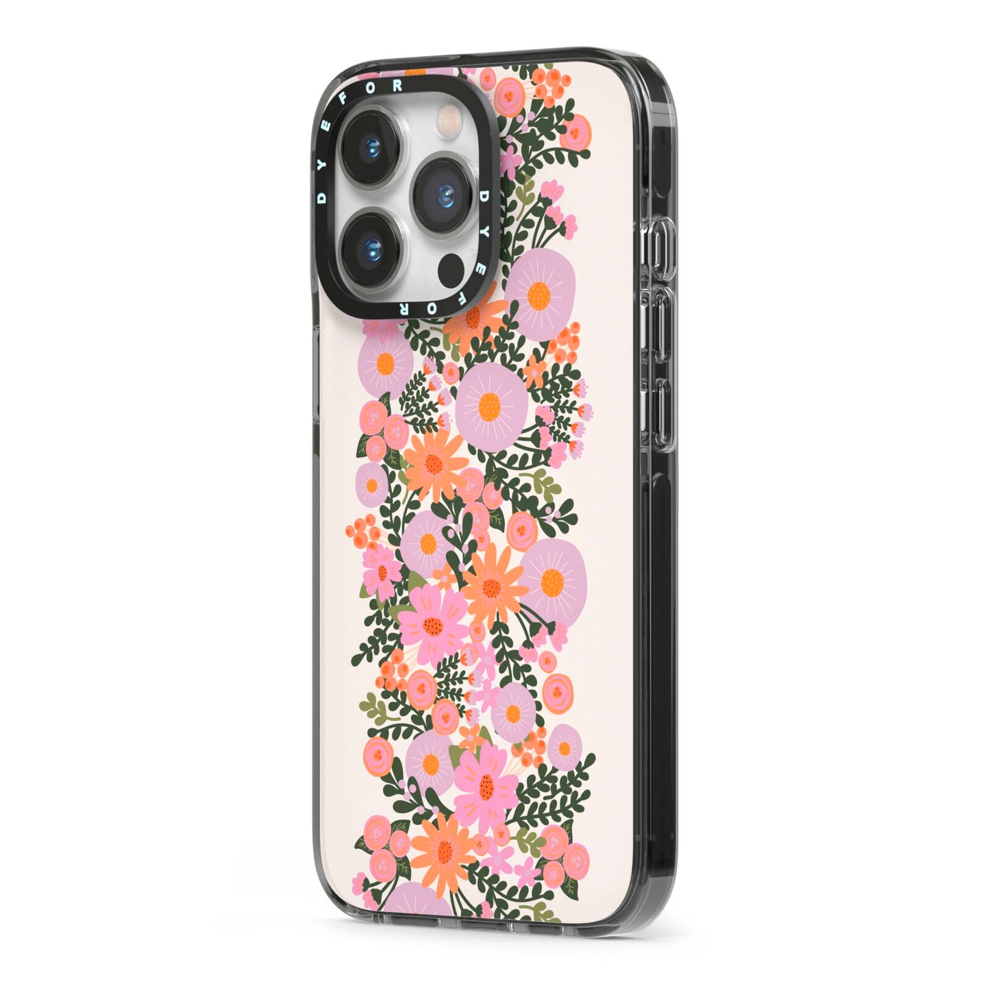Floral Banner Pattern iPhone 13 Pro Black Impact Case Side Angle on Silver phone
