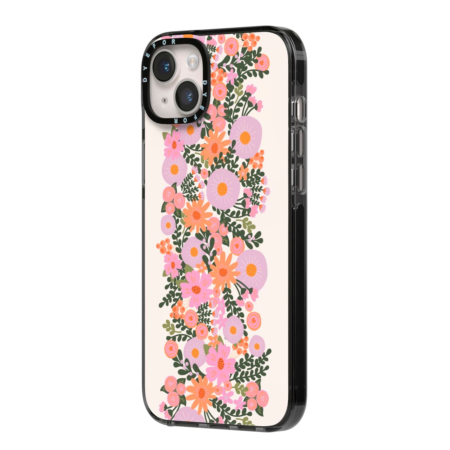 Floral Banner Pattern iPhone 14 Plus Black Impact Case Side Angle on Silver phone