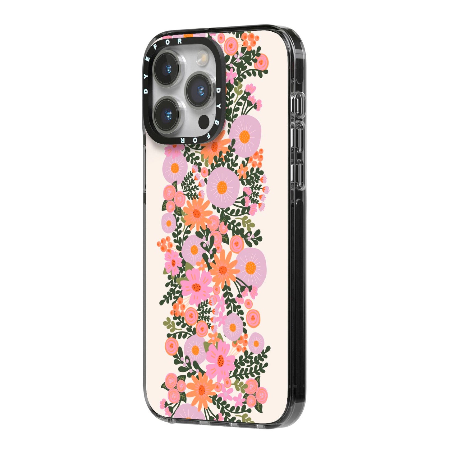 Floral Banner Pattern iPhone 14 Pro Max Black Impact Case Side Angle on Silver phone