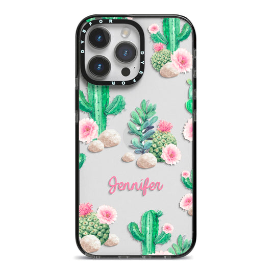 Floral Cactus Print with Name iPhone 14 Pro Max Black Impact Case on Silver phone